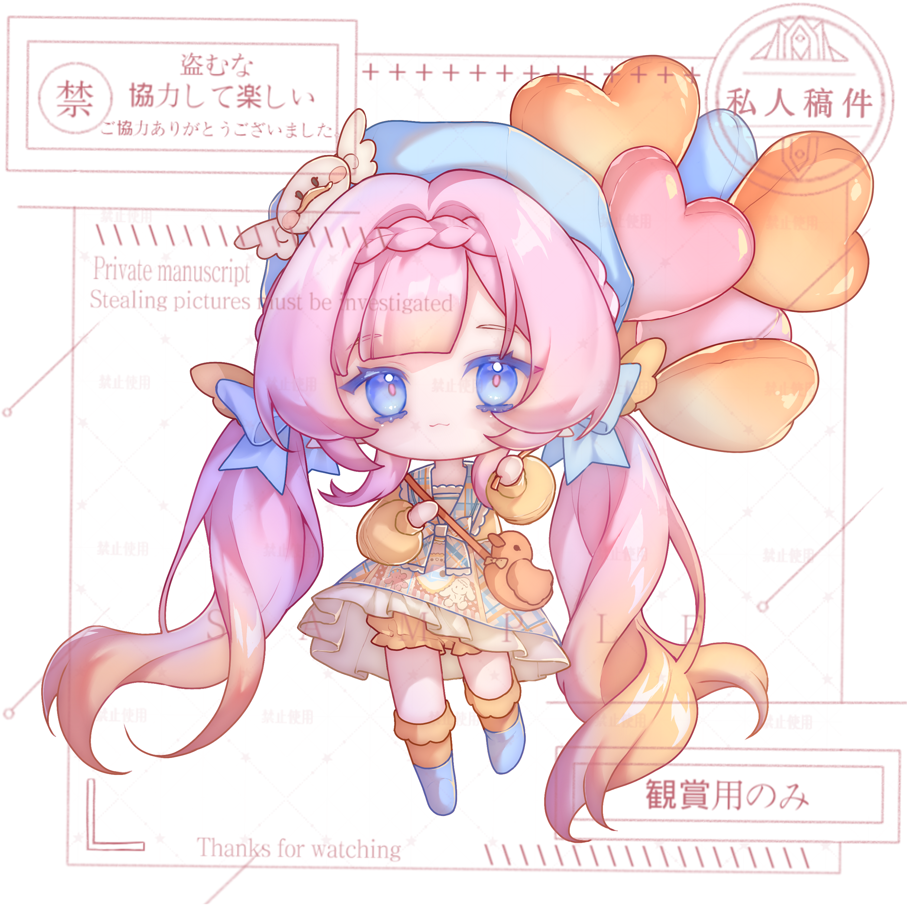 lao muyu, elysia (honkai impact), honkai (series), honkai impact 3rd, absurdres, chinese commentary, commentary request, commission, highres, 1girl, alternate costume, balloon, beret, blue eyes, blue shoes, chibi, chibi only, dress, hat, heart balloon, holding, holding balloon, long hair, multicolored dress, orange shorts, orange socks, pink hair, shoes, shorts, shorts under dress, smile, socks, solo, twintails, very long hair, white background