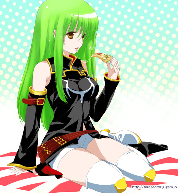 omuni, c.c., code geass, 00s, boots, cheese, cheese trail, food, green hair, high heels, long hair, pizza, pizza slice, shoes, shorts, sitting, solo, thigh boots, thighhighs, yellow eyes, yokozuwari