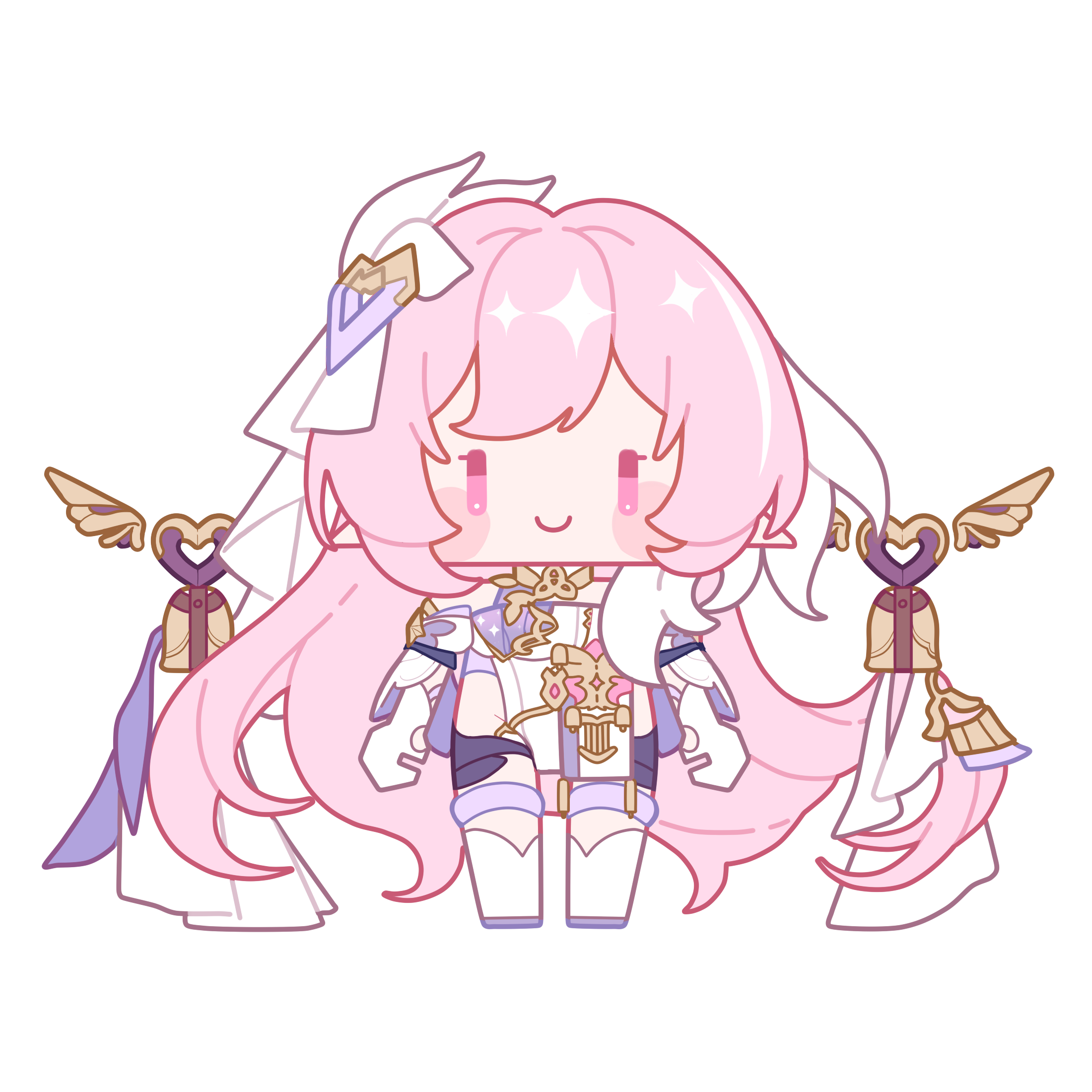 lao muyu, elysia (herrscher of human: ego) (honkai impact), elysia (honkai impact), honkai (series), honkai impact 3rd, chinese commentary, commentary request, highres, 1girl, bell, black shorts, boots, chibi, chibi only, corset, long hair, looking at viewer, multicolored hair, pink hair, purple eyes, short shorts, shorts, solo, transparent background, two-tone hair, veil, very long hair, white boots, white corset, white hair, white veil