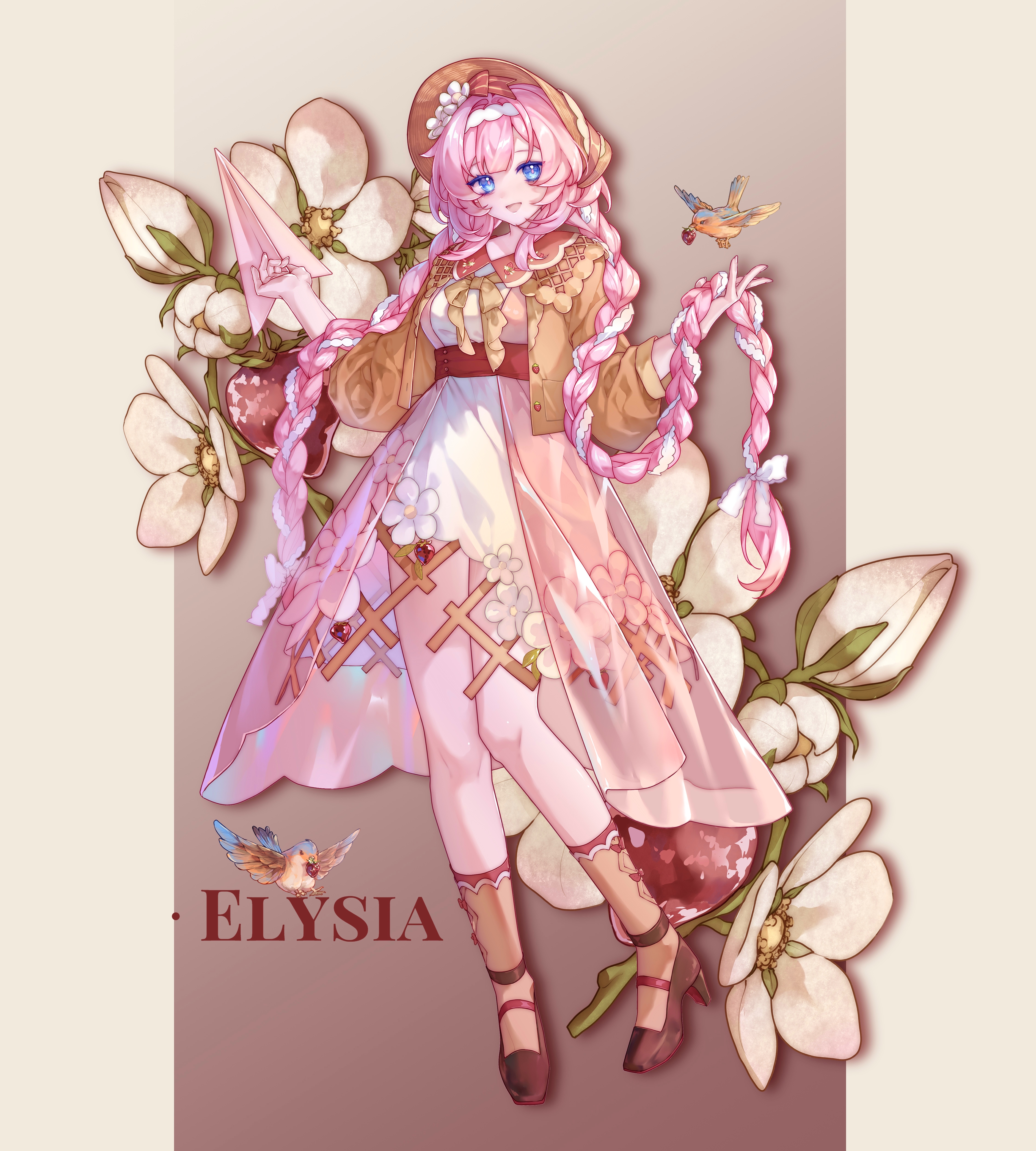 lao muyu, elysia (honkai impact), honkai (series), honkai impact 3rd, absurdres, commentary request, highres, 1girl, bird, black shoes, blue eyes, breasts, character name, cherry, curly hair, dress, flower, food, fruit, hair between eyes, hair flower, hair ornament, hairband, hand in own hair, hat, high heels, jacket, legs, long hair, looking at viewer, open mouth, paper airplane, pink hair, pink pupils, shoes, socks, solo, two-tone background, very long hair, white dress, white flower, white hairband, yellow hat, yellow jacket, yellow socks