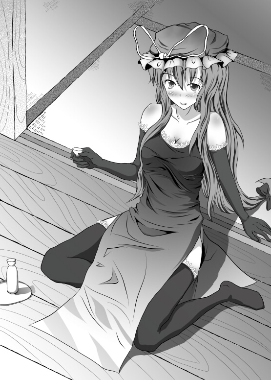 yakumo yukari, touhou, 1girl, breasts, dress, drunk, elbow gloves, female focus, gloves, greyscale, hat, monochrome, solo, thighhighs