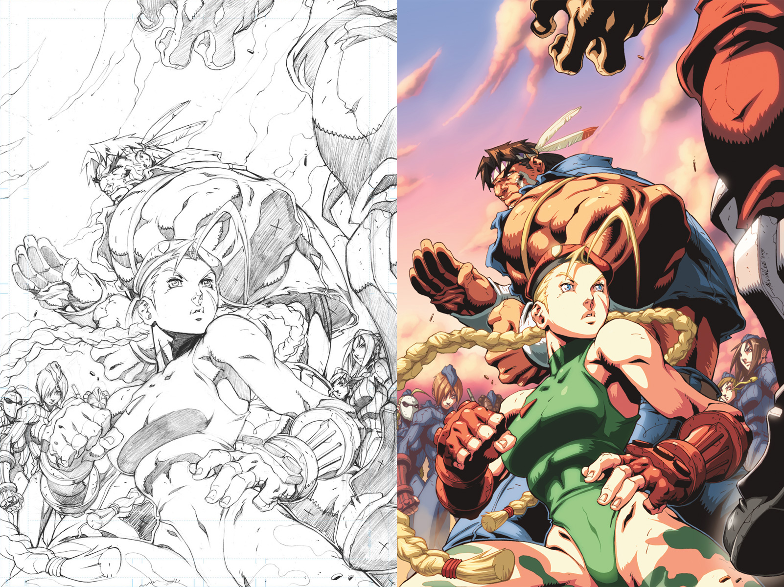 udon entertainment, balrog (street fighter), cammy white, juli, juni, m bison, thunder hawk, street fighter, t hawk, uniform, highres, ahoge, beret, blonde hair, blue eyes, braid, brown hair, cloud, facepaint, feathers, fighting stance, fingerless gloves, gloves, hat, headband, highleg, leotard, long hair, mask, monochrome, muscular, sky, twin braids, udon, very long hair