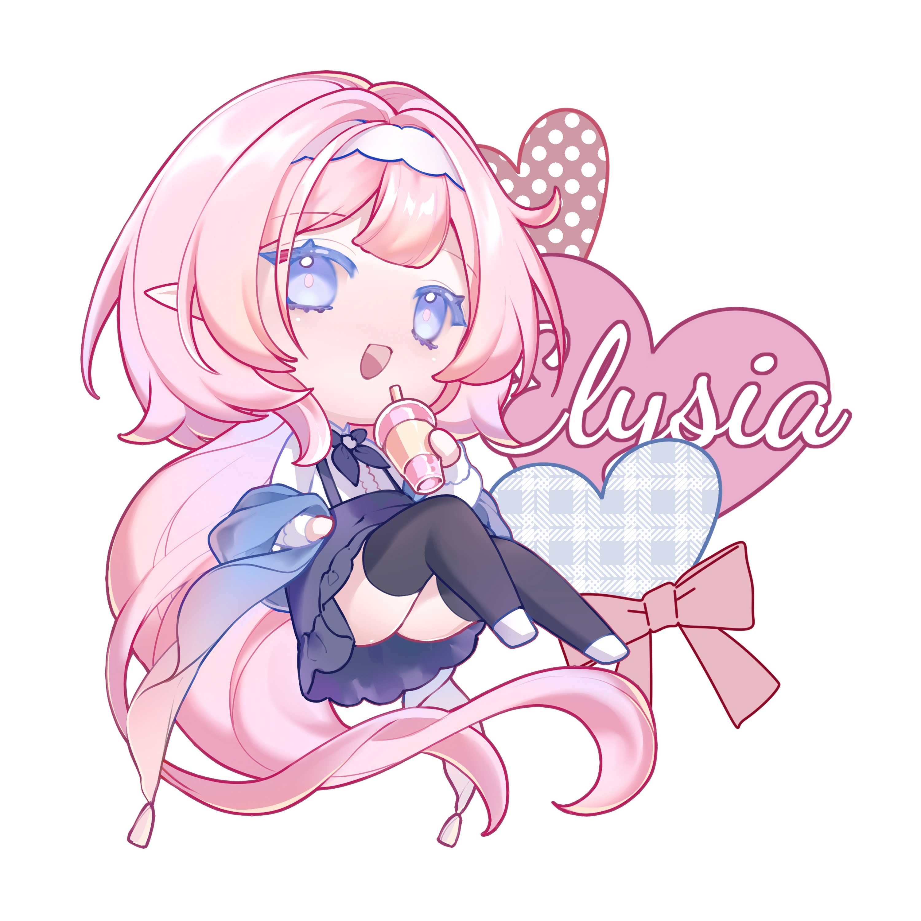 lao muyu, elysia (coco) (honkai impact), elysia (honkai impact), honkai (series), honkai impact 3rd, absurdres, commentary, highres, 1girl, black thighhighs, blue bow, blue bowtie, blue eyes, blue skirt, bow, bowtie, bubble tea, character name, cup, disposable cup, elf, hairband, heart, holding, holding cup, long hair, official alternate costume, open mouth, pink hair, pointy ears, shirt, shoes, simple background, skirt, solo, suspender skirt, suspenders, thighhighs, thighs, very long hair, white background, white hairband, white shirt, white shoes