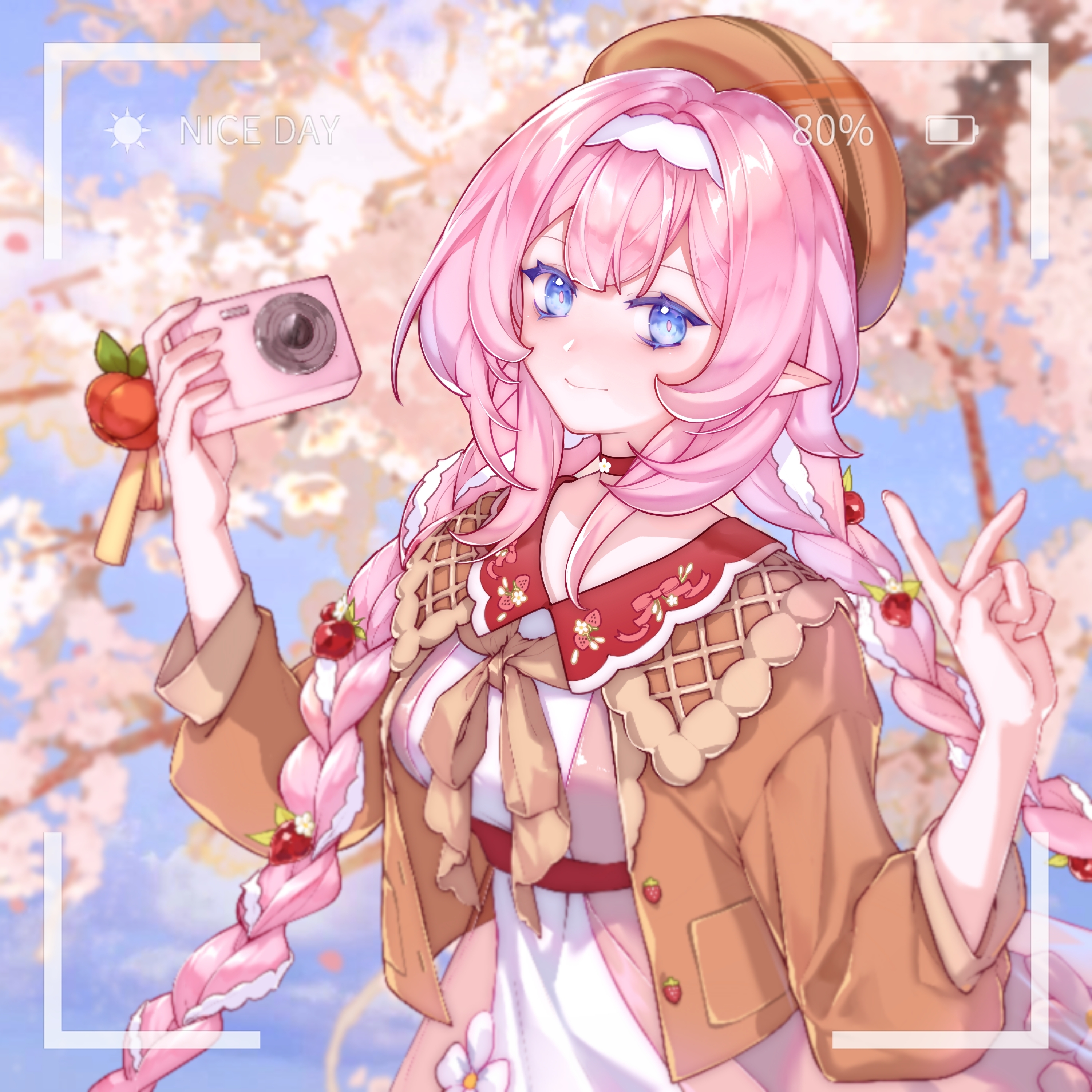 lao muyu, elysia (honkai impact), honkai (series), honkai impact 3rd, absurdres, chinese commentary, commentary request, highres, 1girl, alternate costume, battery indicator, beret, blue eyes, braid, breasts, brown jacket, camera, cherry blossoms, dress, elf, hairband, hat, holding, holding camera, jacket, large breasts, long hair, outdoors, pink dress, pink hair, pointy ears, smile, solo, twin braids, two-tone dress, upper body, v, very long hair, viewfinder, white dress, white hairband