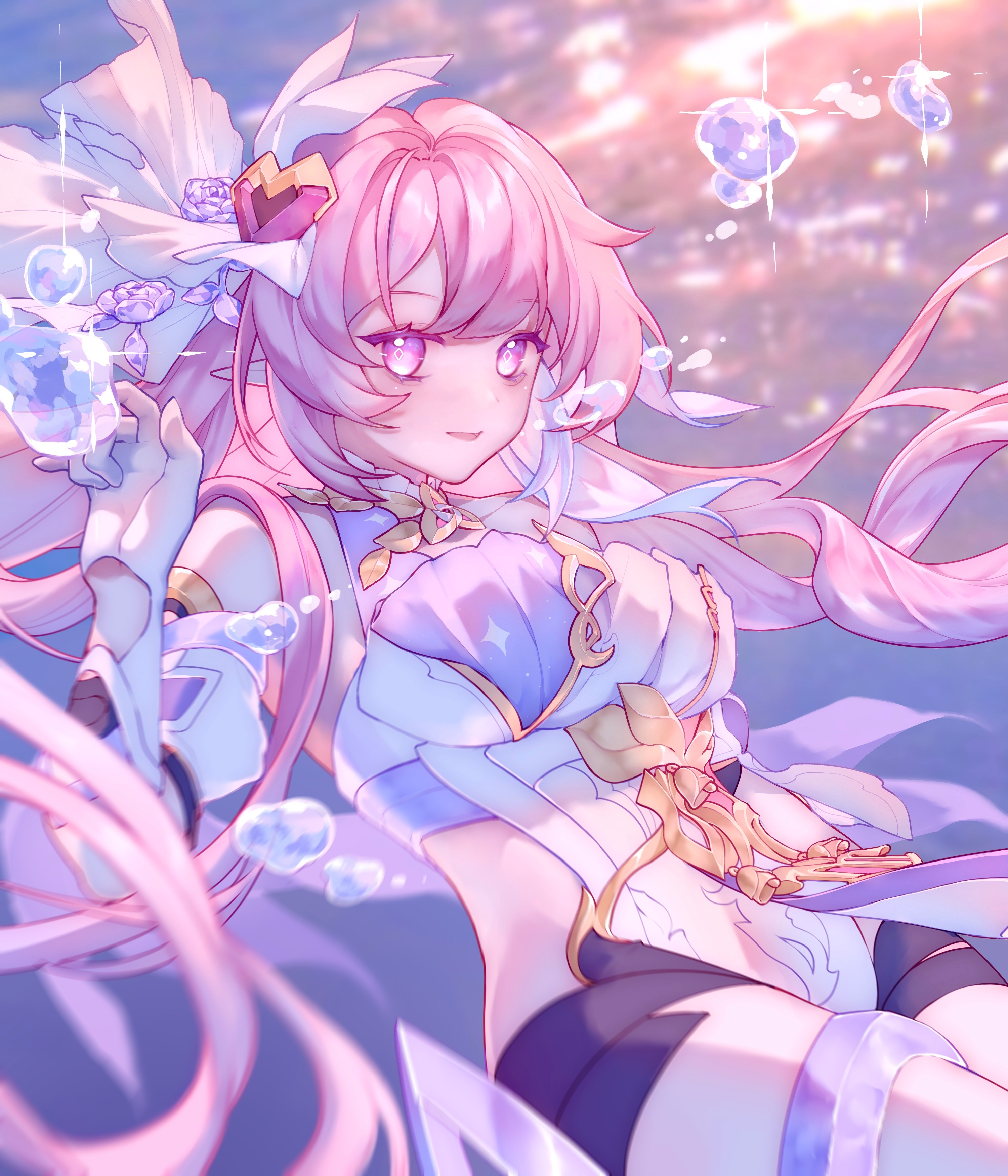 lao muyu, elysia (herrscher of human: ego) (honkai impact), elysia (honkai impact), honkai (series), honkai impact 3rd, absurdres, chinese commentary, commentary request, highres, 1girl, black shorts, breasts, clothing cutout, elf, gloves, hair ornament, hand up, long hair, looking at viewer, midriff, open mouth, pink eyes, pink hair, pink pupils, pointy ears, shorts, side cutout, thighs, underwater, very long hair, water drop, white gloves