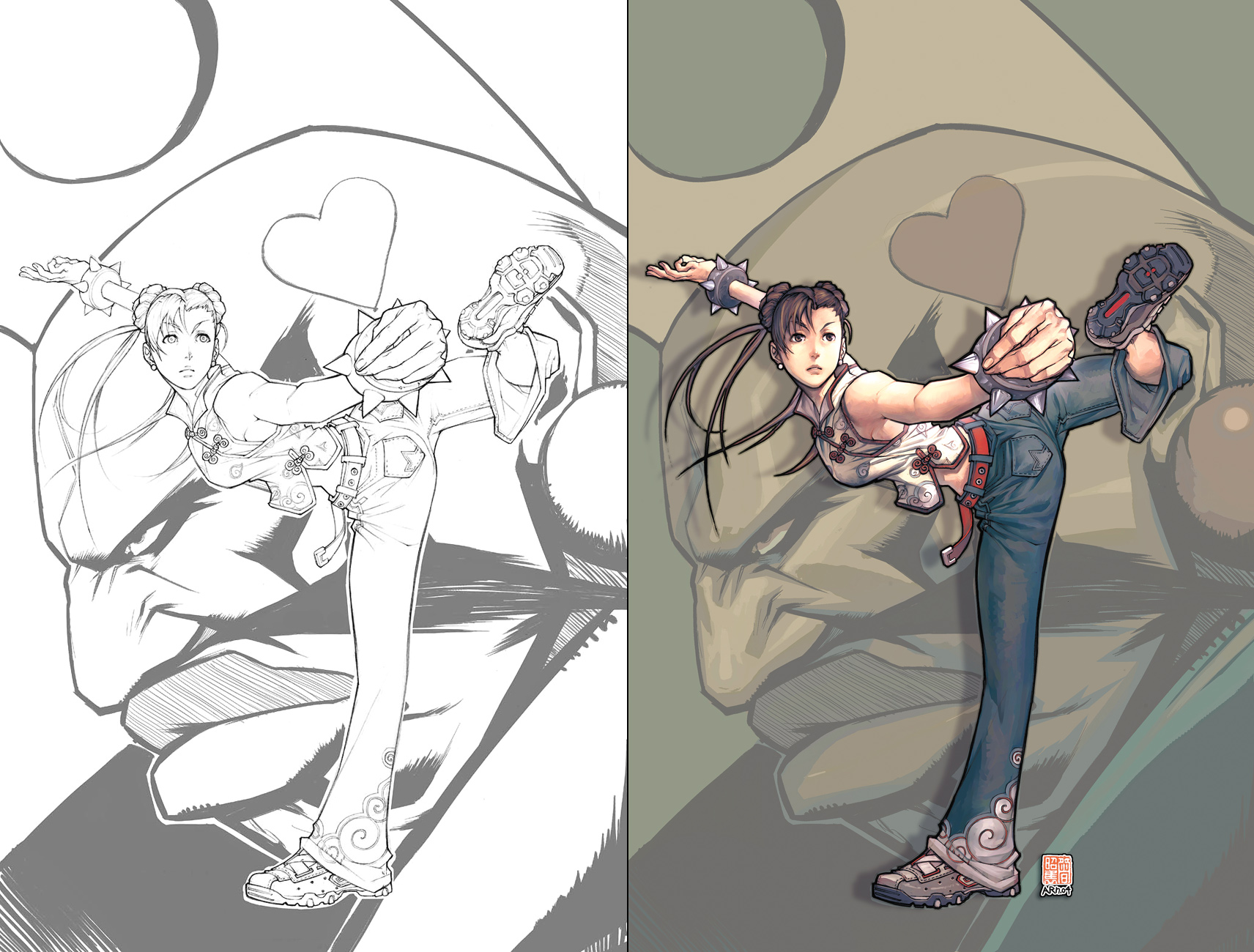 arnold tsang, udon entertainment, birdie (street fighter), chun-li, capcom, street fighter, highres, 1boy, 1girl, beard, birdy, brown eyes, brown hair, comparison, denim, facial hair, from side, heart, jeans, kicking, leg up, looking at viewer, monochrome, pants, profile, short hair, solo focus, standing, standing on one leg, tattoo