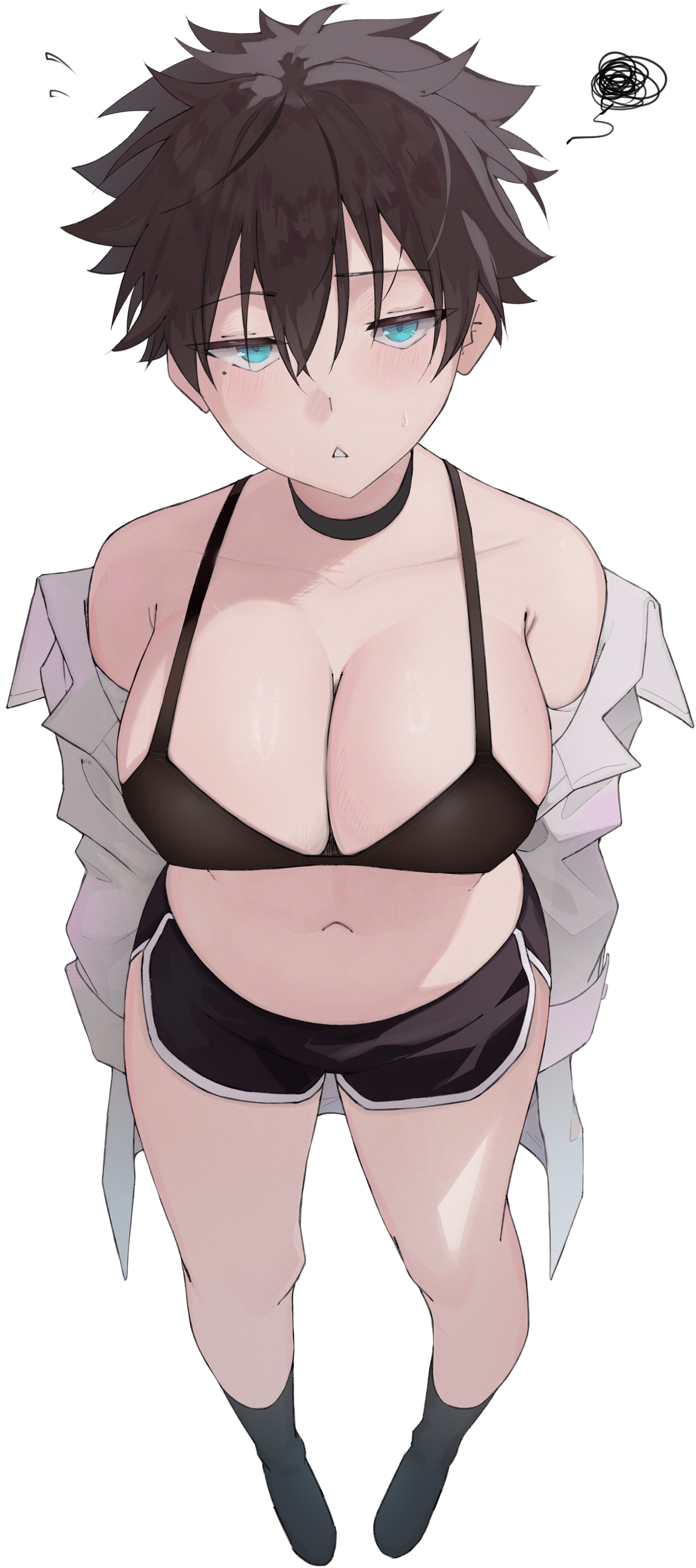 uurateru, original, absurdres, highres, 1girl, aqua eyes, bare shoulders, black bra, black choker, black shorts, black socks, bra, breasts, brown hair, choker, cleavage, full body, jacket, jitome, mole, mole under eye, navel, off shoulder, open clothes, open jacket, open mouth, short hair, short shorts, shorts, simple background, socks, solo, squiggle, stomach, sweatdrop, triangle mouth, underwear, very short hair, white background, white jacket