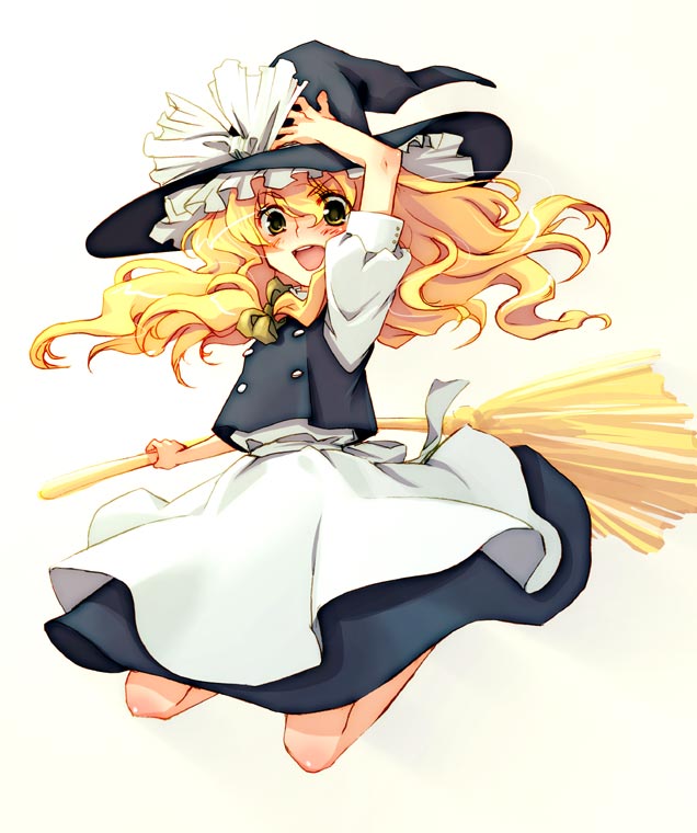 torazou, kirisame marisa, touhou, 1girl, broom, broom riding, female focus, full body, gradient background, hat, skirt, solo, white background
