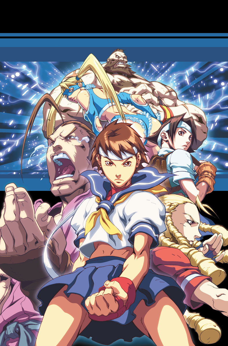 alvin lee, udon entertainment, hibiki dan, kanzuki karin, kasugano sakura, rainbow mika, wakaba hinata, zangief, capcom, justice gakuen, street fighter, street fighter zero (series), looking away, highres, 1990s (style), 2boys, 4girls, :o, abs, ahoge, angry, antenna hair, arm cutout, arm warmers, ass, back, back cutout, backpack, bag, bare shoulders, bent over, blonde hair, blue eyes, blue sailor collar, body hair, breasts, brown eyes, brown hair, chest hair, clenched hand, clenched teeth, clothing cutout, crop top, dougi, fighting stance, fingerless gloves, flat chest, frills, frown, gloves, glowing, headband, japanese clothes, light particles, long hair, looking at viewer, looking back, mask, medium breasts, midriff, miniskirt, mohawk, multiple boys, multiple girls, muscular, necktie, open mouth, orange eyes, outline, own hands together, parted lips, pleated skirt, profile, retro artstyle, ribbon, ringlets, sailor collar, saliva, sash, scar, school uniform, scrunchie, serafuku, shirt, short hair, short shorts, shorts, shoulder cutout, sideboob, skirt, spread legs, standing, tears, teeth, tomboy, topless male, turtleneck, twintails, wrestler, wrestling outfit, wristband