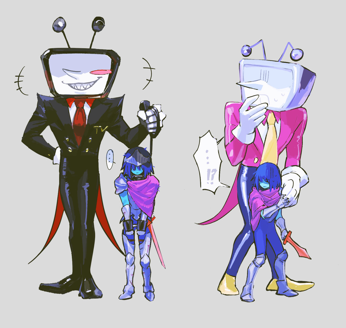 lantern madoyoi, ant tenna, kris (dark world) (deltarune), kris (deltarune), deltarune, utdr (toby fox), !?, +++, …, 1boy, 1other, armored boots, black jacket, black pants, black shoes, blue hair, blue skin, blush stickers, boots, cape, coattails, colored skin, defernull, gauntlets, gloves, grin, holding, holding leash, holding sword, holding weapon, jacket, leash, necktie, object head, pants, pink cape, pink jacket, red necktie, sharp teeth, shoes, side cape, single blush sticker, smile, spoken ellipsis, surprised, sword, teeth, television, visor (armor), weapon, white gloves, yellow necktie, yellow shoes