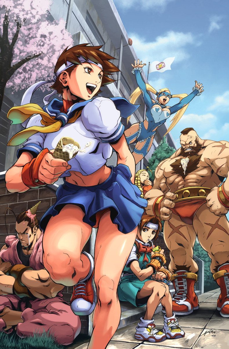 alvin lee, gary yeung, udon entertainment, hibiki dan, kanzuki karin, kasugano sakura, rainbow mika, wakaba hinata, zangief, capcom, justice gakuen, street fighter, street fighter zero (series), artist collaboration, highres, 1990s (style), 2boys, 4girls, blue sailor collar, crossed arms, food, holding, holding ice cream cone, ice cream, ice cream cone, indian style, juice box, jumping, mask, multiple boys, multiple girls, muscular, retro artstyle, sailor collar, scar, scar on shoulder, school uniform, serafuku, sitting, tears, wrestling