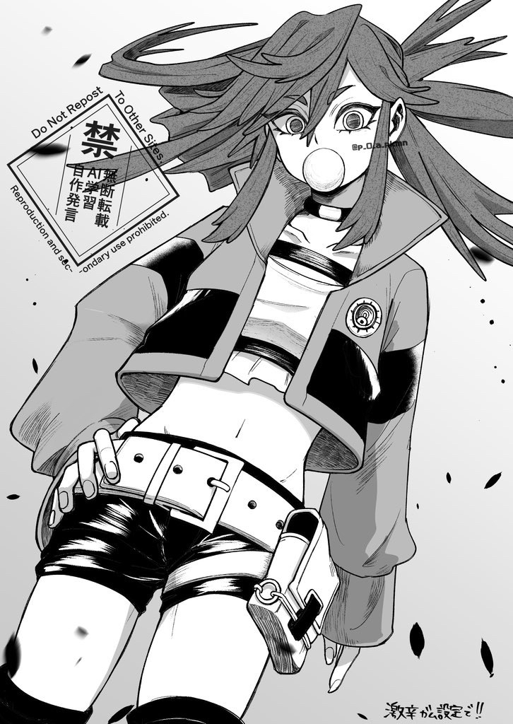 p 0 a, riyo reaper, gachiakuta, 1girl, belt, cowboy shot, flipped bangs, folded ponytail, greyscale, hand on own hip, jacket, leg warmers, long sleeves, looking at viewer, monochrome, shorts, sidelocks, solo, strapless, tube top