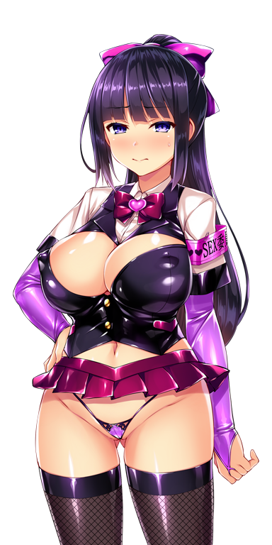 satou kuuki, kisaragi nozomi, shinsou seiki elementia, game cg, non-web source, official art, variant set, 1girl, adapted costume, armband, black hair, black thighhighs, blunt bangs, blush, bow, bowtie, breasts, bridal gauntlets, cleavage, cleavage cutout, closed mouth, clothing cutout, covered erect nipples, elbow gloves, fishnet thighhighs, fishnets, g-string, gloves, gluteal fold, hair bow, hand on own hip, heart, highleg, highleg panties, large breasts, long hair, looking at viewer, micro panties, microskirt, navel, panties, pleated skirt, ponytail, purple eyes, shiny skin, skirt, solo, standing, string panties, thighhighs, thong, transparent background, underwear