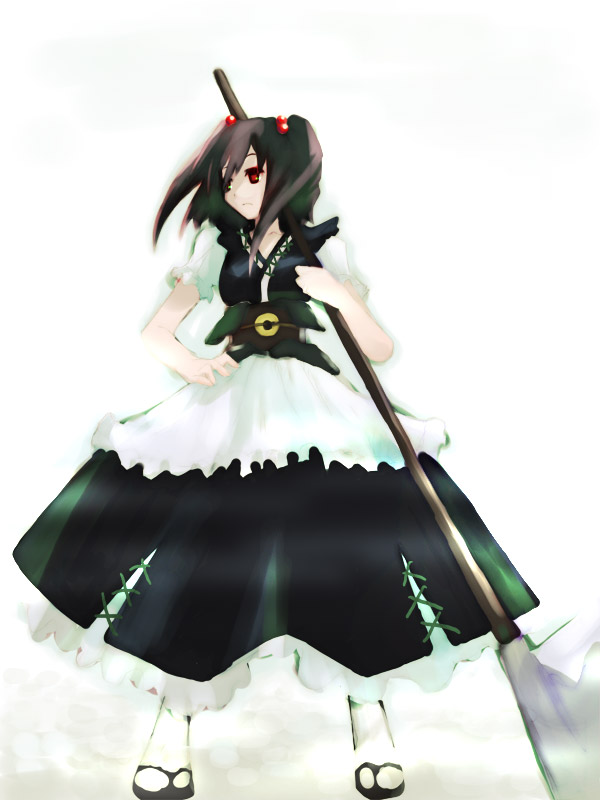 takanashi akihito, onozuka komachi, touhou, 1girl, brown hair, female focus, full body, red eyes, sandals, solo, standing, twintails, two side up, weapon, white background, zouri