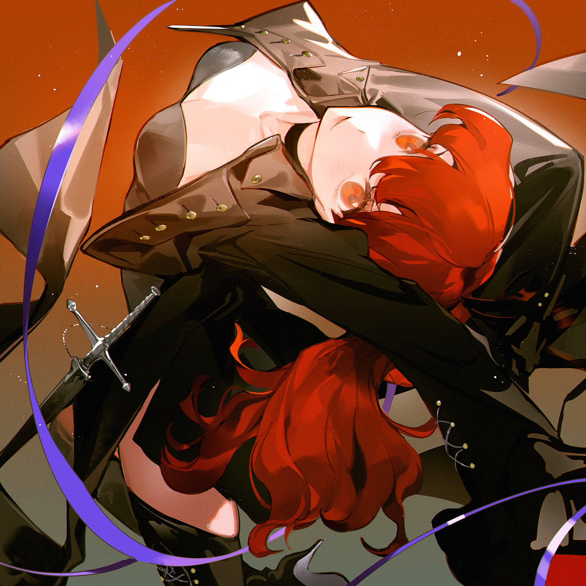 argentum 1121, violet (persona 5), yoshizawa kasumi, persona, persona 5, persona 5 the royal, highres, 1girl, arms behind head, black choker, black jacket, black leotard, black shoes, black thighhighs, breasts, choker, closed mouth, from behind, gradient background, grey background, hair between eyes, high heels, jacket, leg up, leotard, light particles, long hair, long sleeves, looking at viewer, open clothes, open jacket, orange background, outstretched arm, ponytail, purple ribbon, red eyes, red hair, ribbon, sheath, sheathed, shoes, smile, solo, sword, thighhighs, weapon