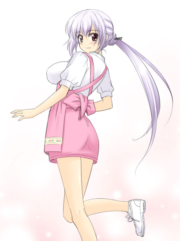 masakichi (crossroad), tsubomi fujiko, anna miller, zettai karen children, 00s, 1girl, apron, blush, breasts, female focus, from behind, large breasts, long hair, looking back, overexposure, purple hair, solo, waitress, white hair