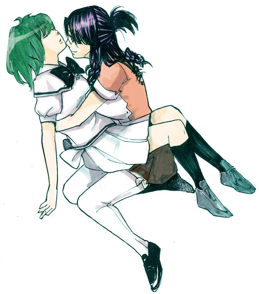 usutsuchi kine, matsuura nanase, ranka lee, macross, macross frontier, bad id, bad pixiv id, 00s, 2girls, glasses, green hair, hug, kneehighs, legs, multiple girls, purple hair, school uniform, serafuku, socks, thighhighs
