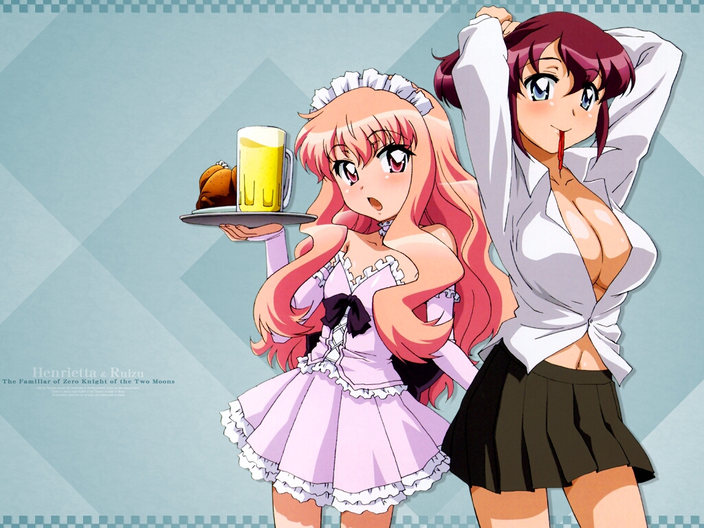 henrietta de tristain, louise francoise le blanc de la valliere, zero no tsukaima, artist request, 00s, 2girls, alcohol, beer, blonde hair, blush, breasts, cleavage, dress shirt, fingerless gloves, frills, gloves, large breasts, long hair, multiple girls, purple hair, shirt, waitress