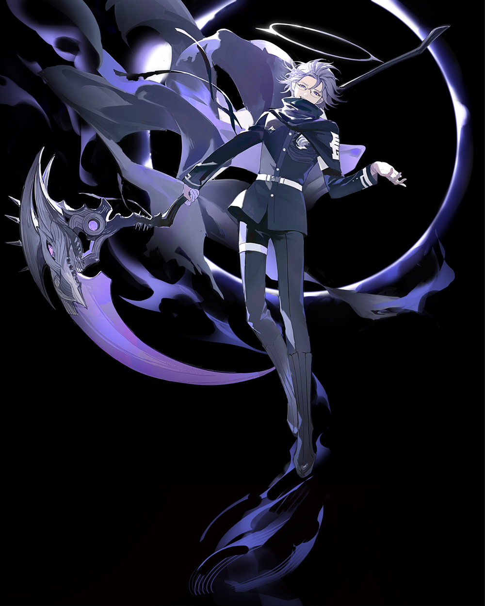 shiosakana, aotsuki eito, the hundred line -last defense academy-, chinese commentary, commentary, highres, spoilers, 1boy, armband, belt, black background, black boots, black cloak, black jacket, black pants, boots, cloak, eclipse, evil grin, evil smile, floating, full body, gakuran, glasses, gloves, grey hair, grin, hand up, holding, holding scythe, holding weapon, jacket, last defense academy school uniform, looking at viewer, male focus, official alternate hairstyle, pants, school uniform, scythe, short hair, smile, solar eclipse, solo, weapon, white armband, white belt, white gloves