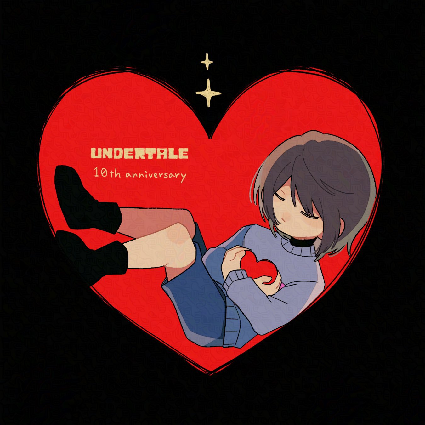 ichi (logmch), frisk (undertale), undertale, utdr (toby fox), commentary, highres, 1other, anniversary, black shoes, blue shorts, blue sweater, brown hair, closed eyes, copyright logo, copyright name, heart, holding, holding heart, other focus, shoes, short hair, shorts, sweater