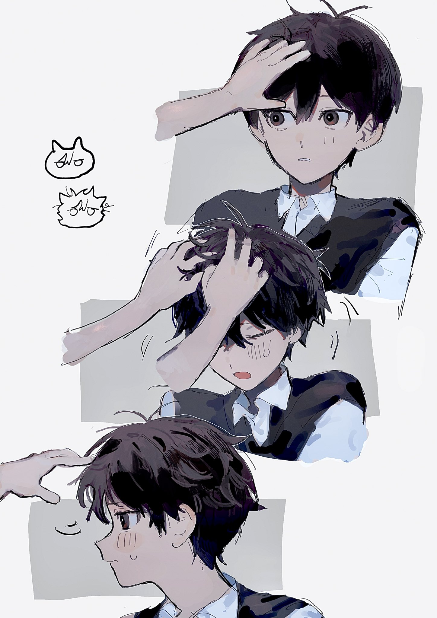 hinshi hp0, sunny (omori), omori, commentary, highres, symbol-only commentary, 1boy, 1other, antenna hair, black eyes, black hair, black sweater vest, blush, closed eyes, closed mouth, collared shirt, disembodied hand, double-parted bangs, hair between eyes, hand on another's head, hands on another's head, male focus, messy hair, open mouth, parted lips, shirt, short hair, sweater vest, white shirt