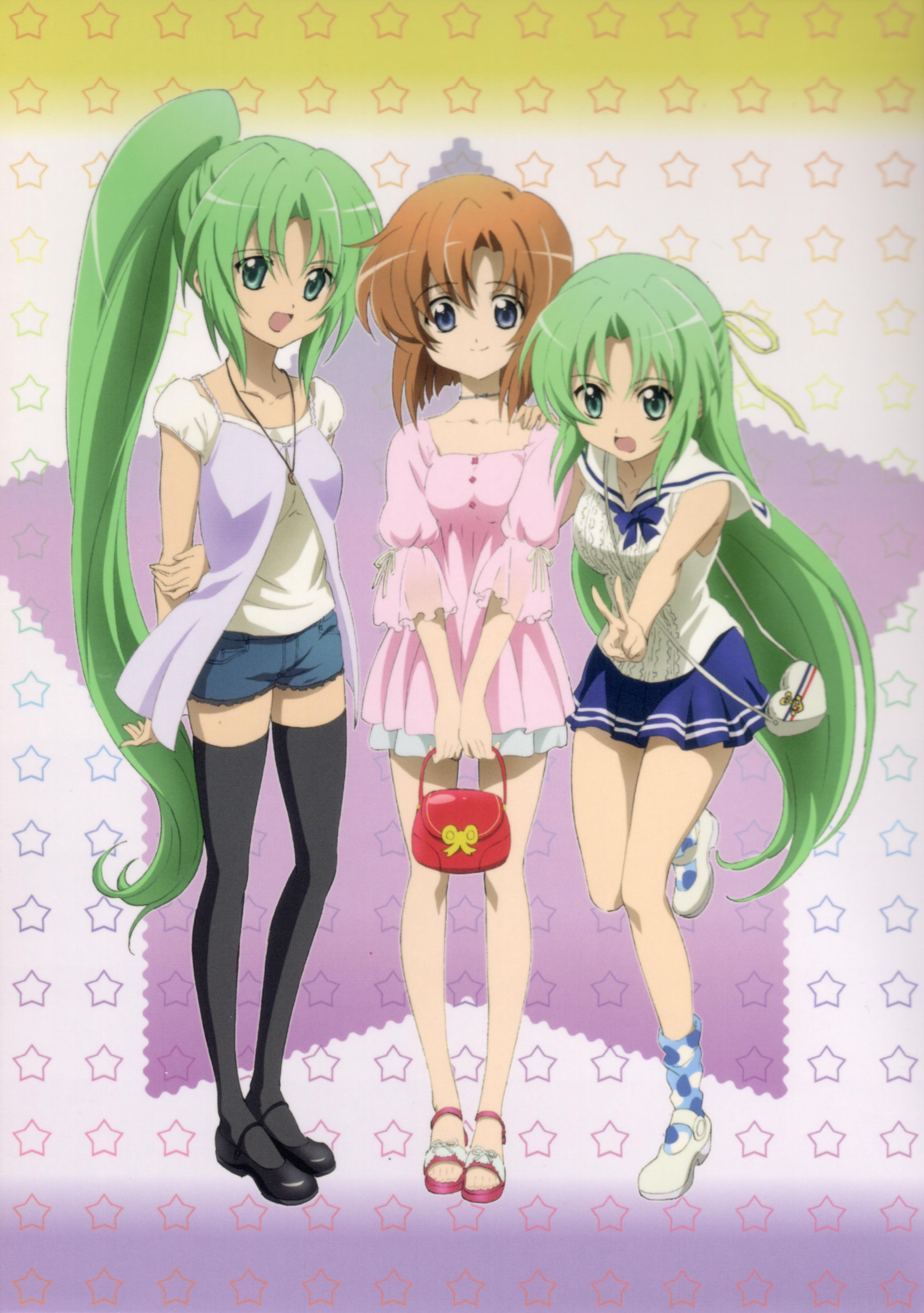 sakai kyuuta, ryuuguu rena, sonozaki mion, sonozaki shion, higurashi no naku koro ni, absurdres, highres, official art, scan, 00s, 3girls, blue eyes, green eyes, green hair, half updo, long hair, multiple girls, ponytail, short hair, siblings, sisters, thighhighs, twins, very long hair