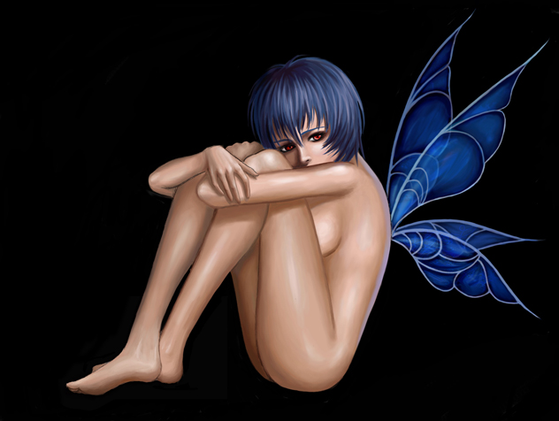 ayanami rei, neon genesis evangelion, blue hair, completely nude, nude, red eyes, short hair, solo, wings