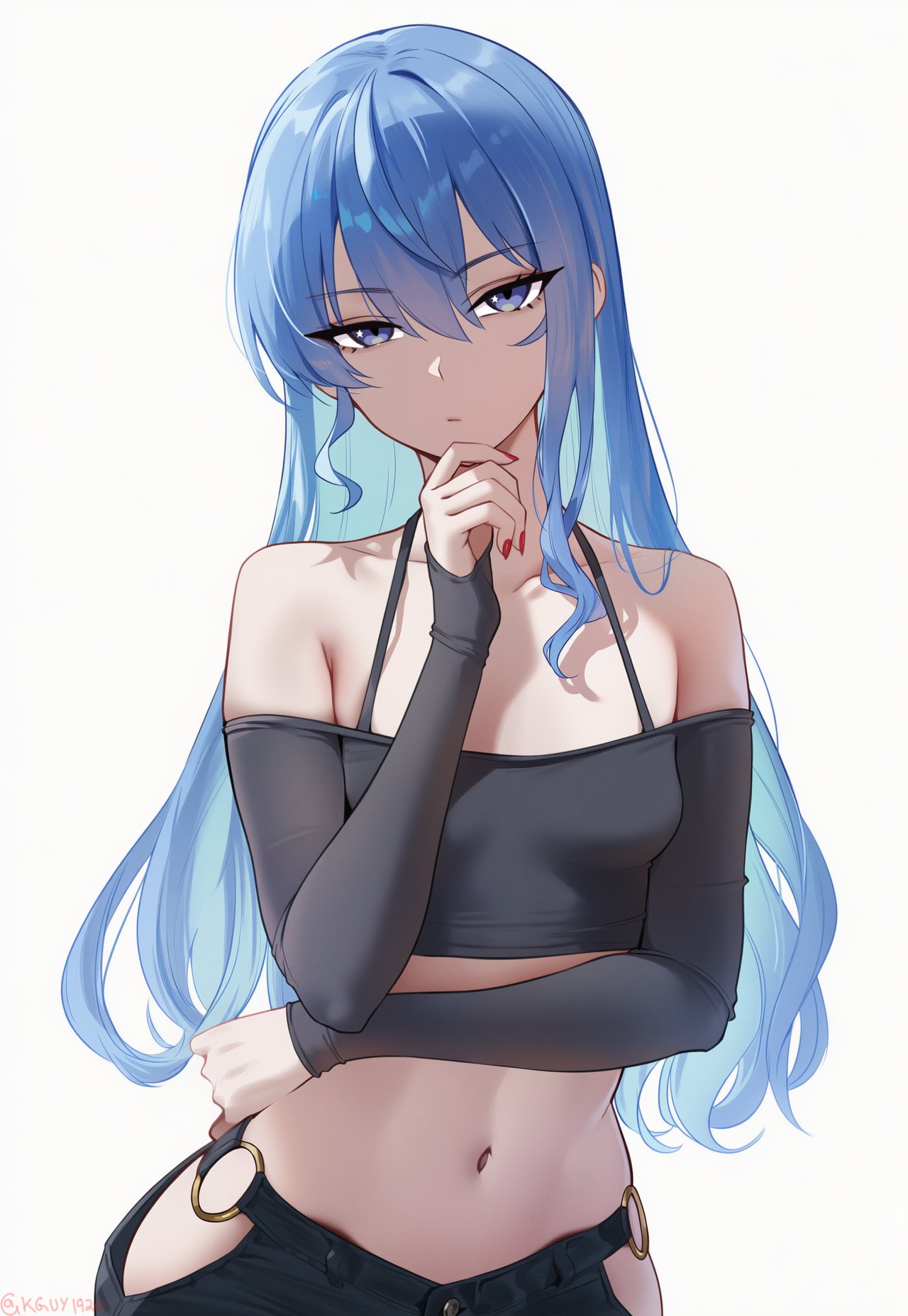 kguy1920, hoshimachi suisei, hololive, highres, 1girl, black pants, black shirt, blue eyes, blue hair, closed mouth, clothing cutout, collarbone, crop top, expressionless, hair between eyes, hand on own chin, hip vent, long hair, long sleeves, looking at viewer, nail polish, navel, o-ring, o-ring bottom, off-shoulder shirt, off shoulder, pants, red nails, shirt, sleeves past wrists, solo, star (symbol), star in eye, symbol in eye, virtual youtuber, white background