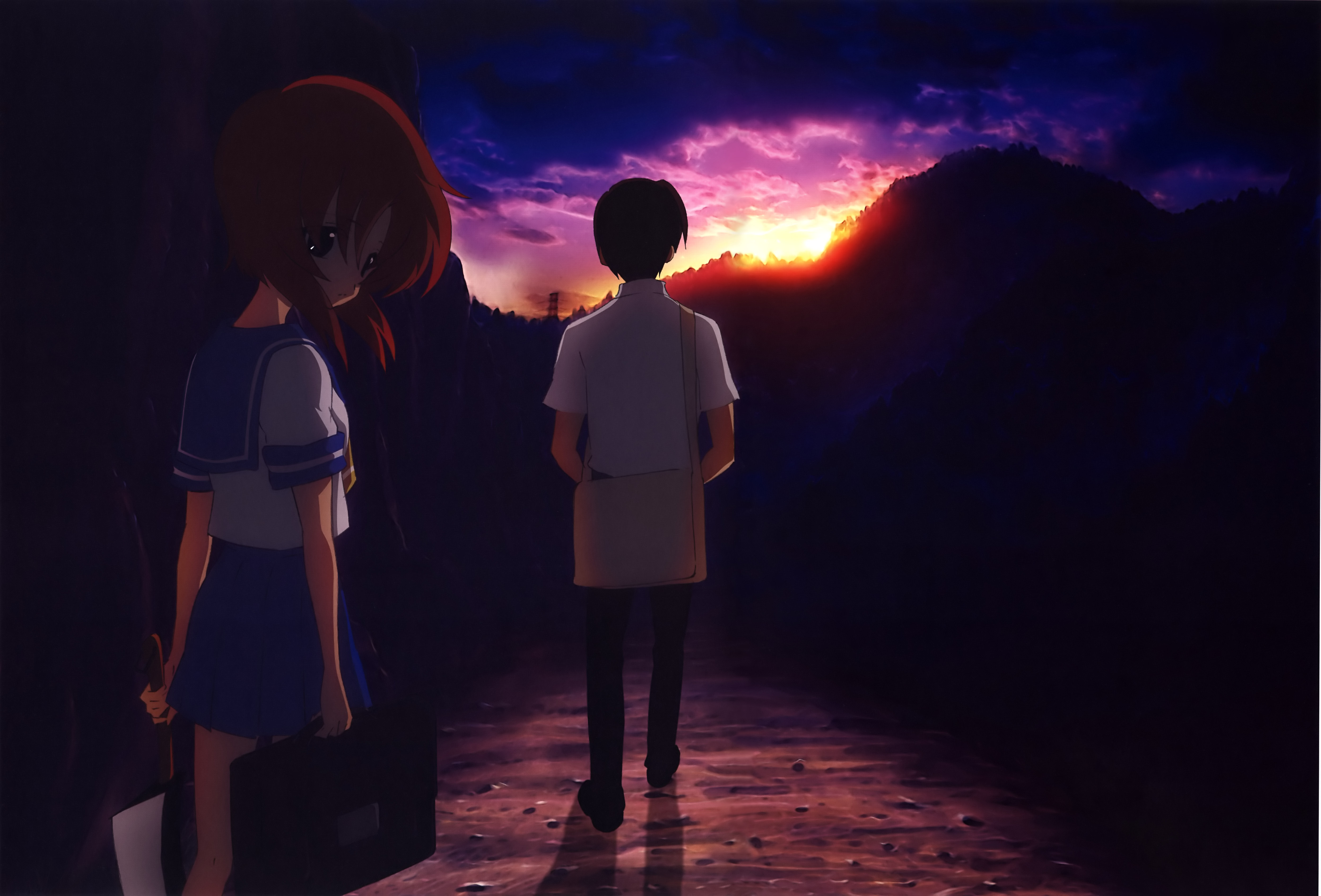 numata seiya, maebara keiichi, ryuuguu rena, higurashi no naku koro ni, absurdres, highres, official art, scan, 00s, 1boy, 1girl, billhook, hashitsuki nata, hatchet, mountain, nata (tool), school uniform, serafuku, sunset, weapon