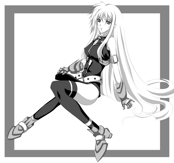 fate testarossa, fate testarossa (true sonic form), lyrical nanoha, mahou shoujo lyrical nanoha, mahou shoujo lyrical nanoha strikers, 00s, greyscale, long hair, monochrome, solo, thighhighs, very long hair