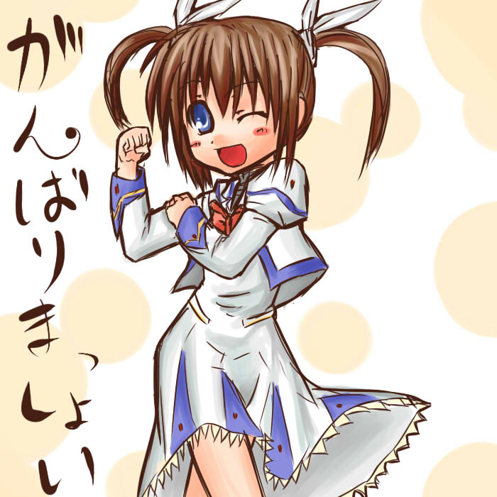 takamachi nanoha, lyrical nanoha, mahou shoujo lyrical nanoha, mahou shoujo lyrical nanoha a's, 00s, 1girl, ;d, blue eyes, blush, bow, bowtie, brown hair, dress, female focus, long sleeves, looking at viewer, magical girl, one eye closed, open mouth, red bow, red bowtie, short hair, sidelocks, smile, solo, standing, twintails, white dress, wink