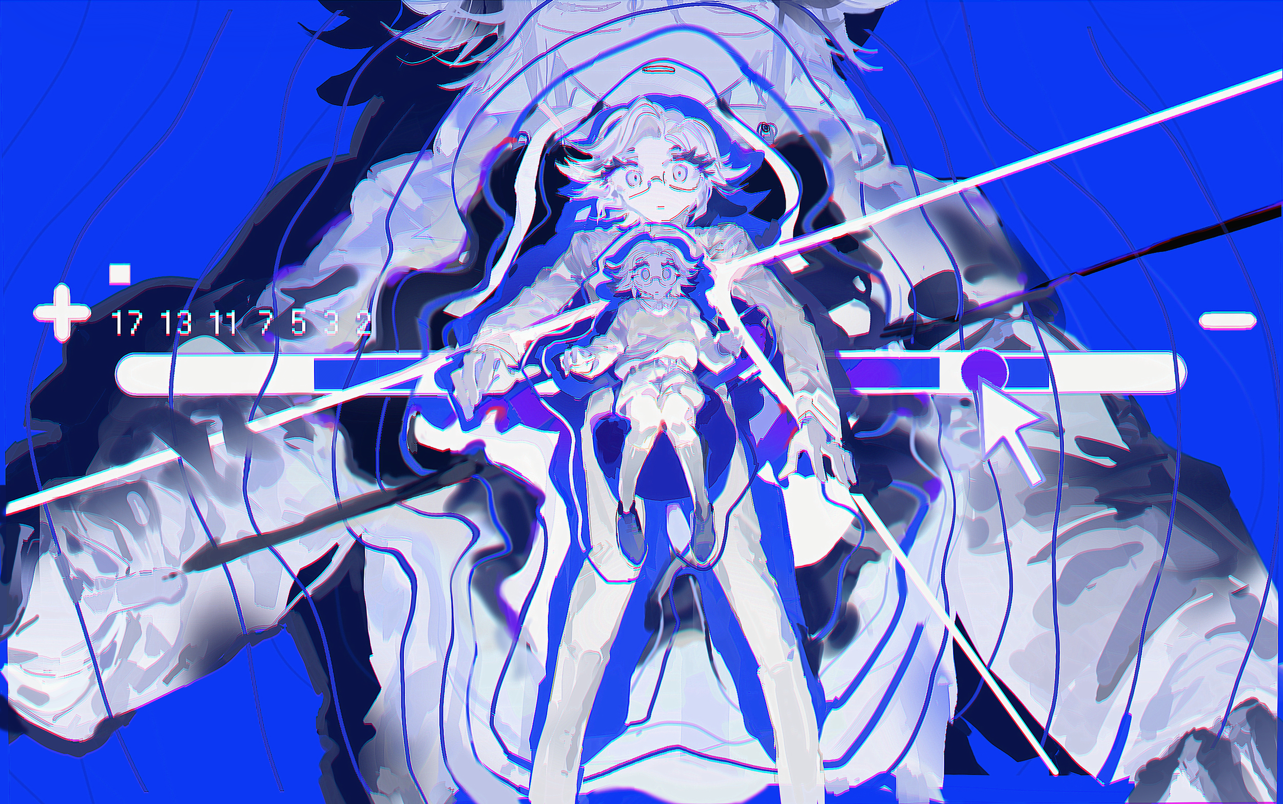 rika-chan (black hole), aotsuki eito, the hundred line -last defense academy-, highres, 3boys, age progression, blue background, colored skin, cursor, glasses, grey hair, jacket, looking at viewer, male focus, multiple boys, purple eyes, shirt, short hair, white jacket, white skin