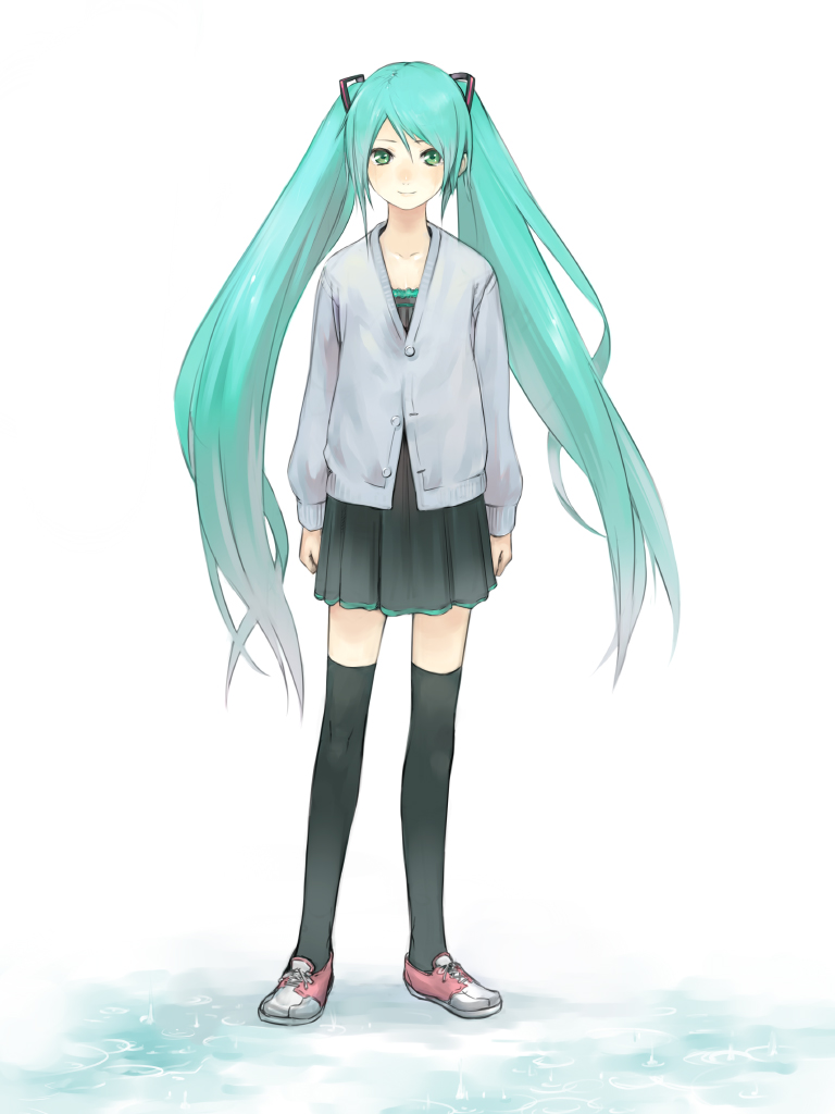 kishida mel, hatsune miku, vocaloid, 1girl, aqua hair, cardigan, female focus, long hair, solo, thighhighs, twintails, very long hair, zettai ryouiki