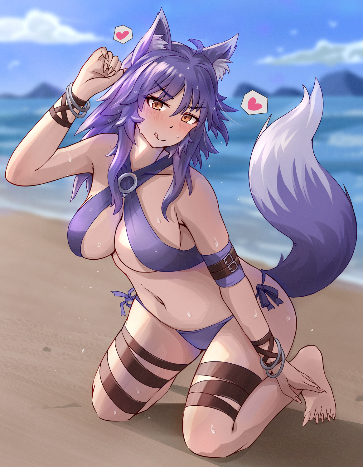 tears of dragon, makoto (princess connect!), makoto (summer) (princess connect!), princess connect!, highres, 1girl, ahoge, animal ear fluff, animal ears, beach, bikini, breasts, cloud, cloudy sky, collarbone, criss-cross halter, day, full body, halterneck, heart, navel, orange eyes, outdoors, purple bikini, purple hair, purple tail, sky, solo, swimsuit, tail, wolf ears, wolf girl, wolf tail