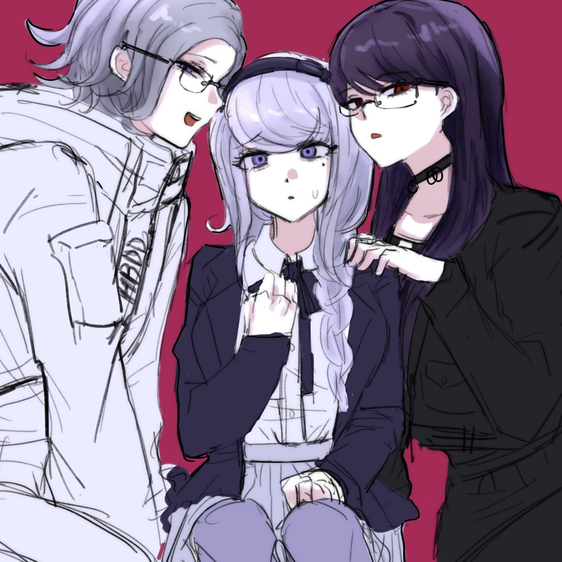 aotsuki eito, kirifuji nozomi, shizuhara hiruko, the hundred line -last defense academy-, highres, 1boy, 2girls, black choker, black dress, black hairband, black jacket, black ribbon, braid, choker, dress, glasses, grey hair, grey skirt, hairband, hand on another's shoulder, hand up, jacket, long hair, looking at viewer, meii bot7, multiple girls, neck ribbon, purple eyes, red background, ribbon, shirt, short hair, simple background, sketch, skirt, smile, sweatdrop, white jacket, white shirt