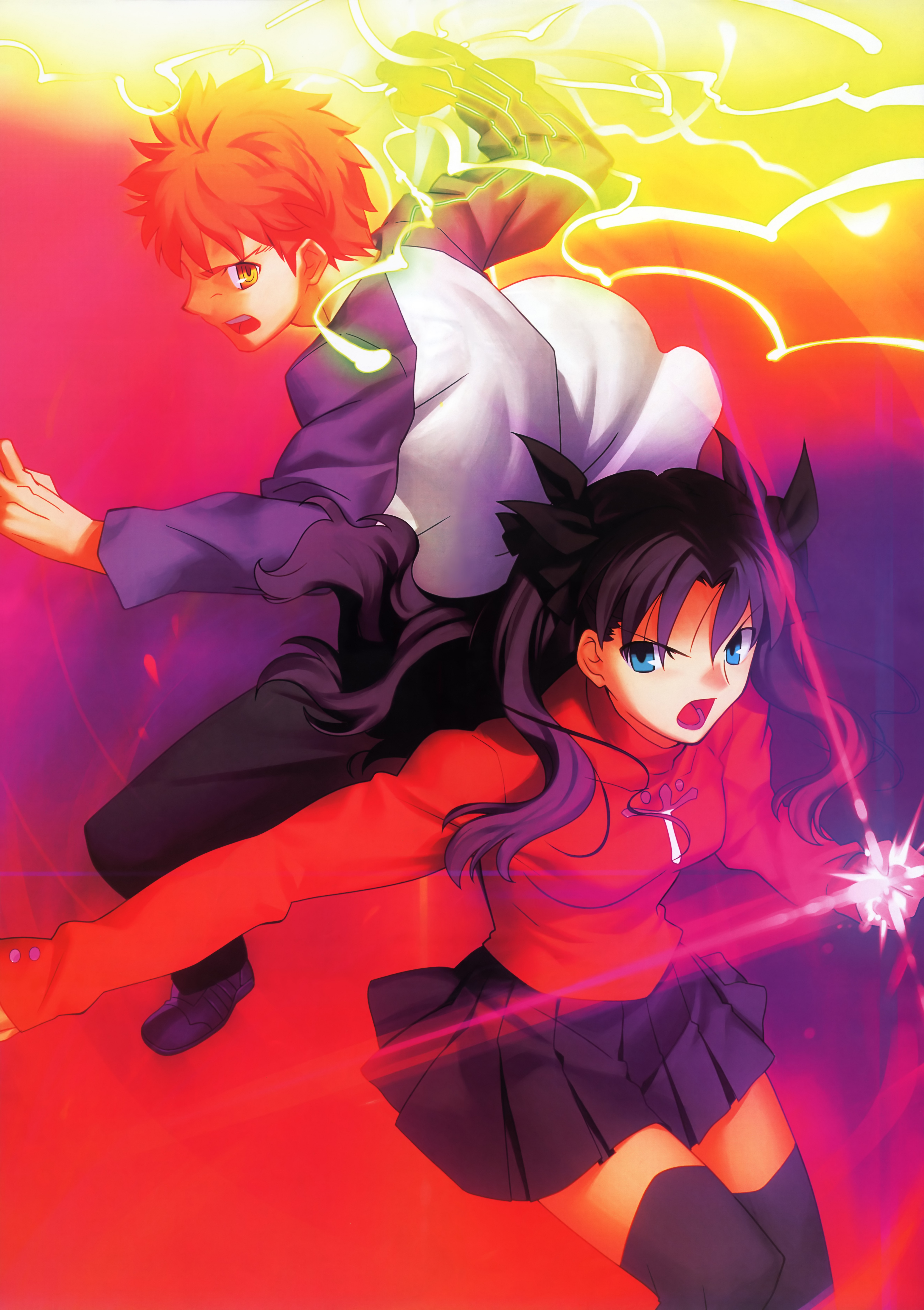 takeuchi takashi, emiya shirou, tohsaka rin, fate/stay night, fate (series), absurdres, highres, scan, 00s, 1boy, 1girl, black hair, long hair, miniskirt, raglan sleeves, skirt, thighhighs, twintails, two side up, zettai ryouiki