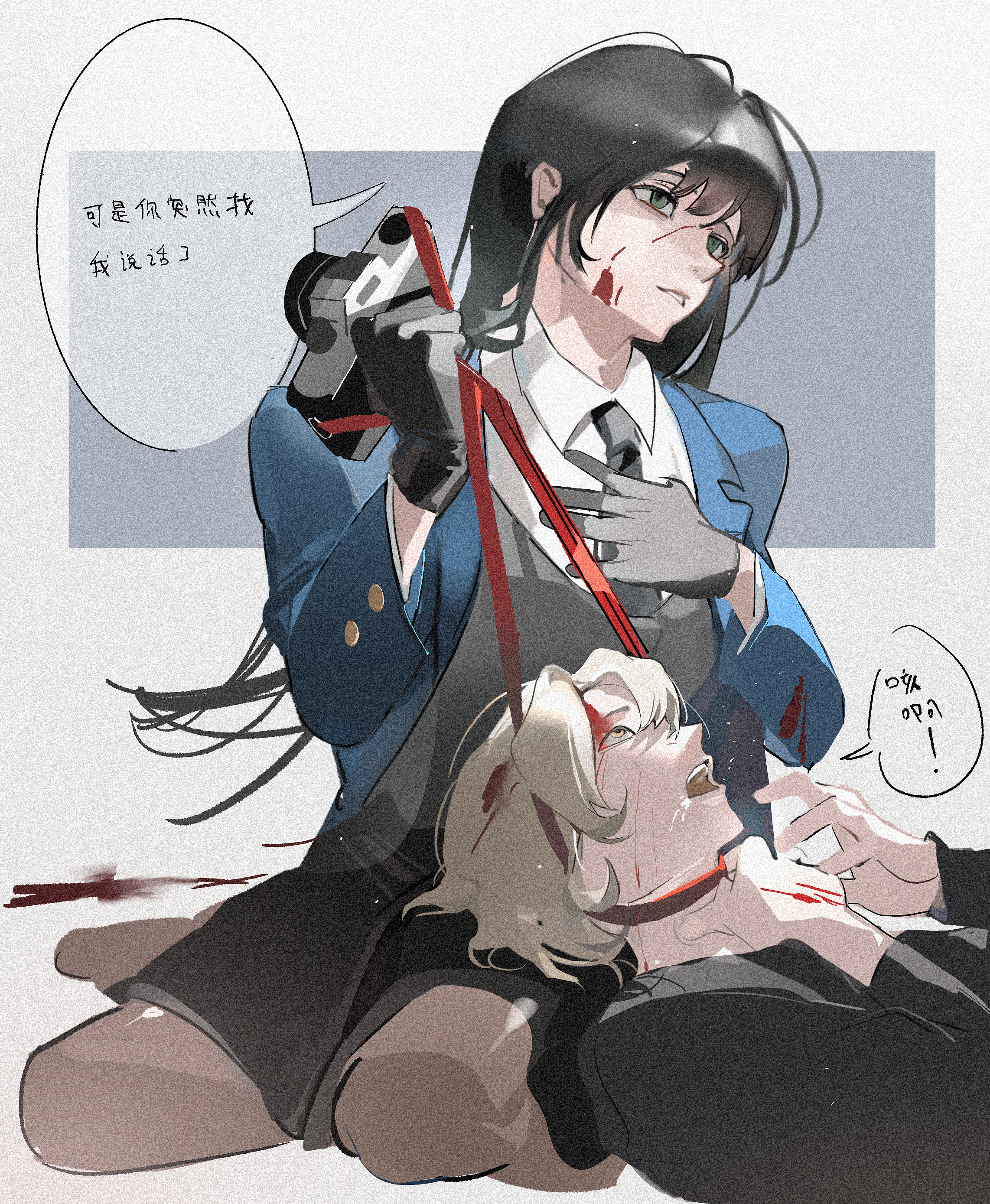 somyung's mother (like mother like daughter), like mother like daughter, absurdres, chinese commentary, commentary, highres, spoilers, translated, 2girls, aged down, aqianzi aqian, black gloves, black hair, black necktie, black shirt, black skirt, blonde hair, blood, blood on face, blue jacket, camera, chinese text, collared shirt, gloves, green eyes, grey vest, hair behind ear, holding, holding camera, jacket, lap pillow, long hair, multiple girls, murder, necktie, open mouth, ryu sol, school uniform, shirt, short hair, sitting, skirt, strangling, vest, white shirt, yellow eyes