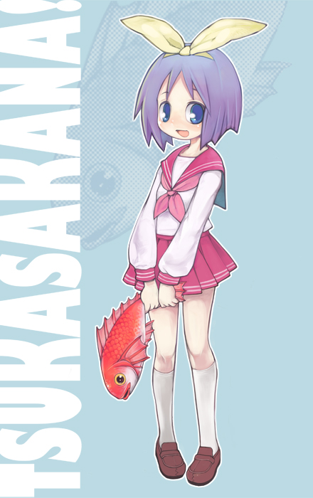 tamamura chroe, hiiragi tsukasa, lucky star, 00s, brown shoes, fish, school uniform, sea bream, serafuku, shoes, solo