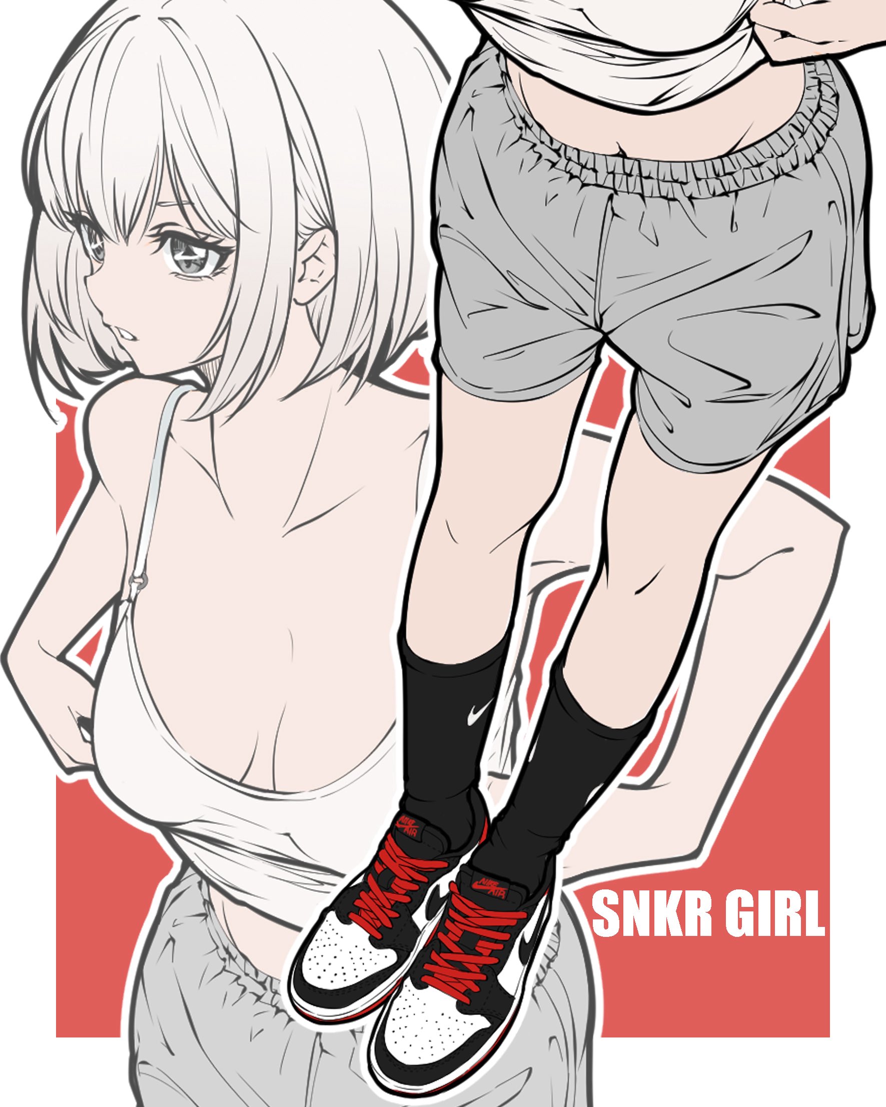 bambi surprise, nike (company), original, commentary, highres, 1girl, black socks, breasts, breasts apart, camisole, cross-laced shoes, grey eyes, grey shorts, red background, shoes, short hair, shorts, sneakers, socks, two-tone background, white background, white camisole, white hair, white mouth