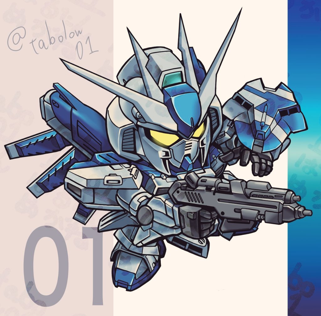 barutan, hi-nu gundam, char's counterattack, char's counterattack – beltorchika's children, gundam, sd gundam, commentary, beam rifle, chibi, energy gun, gun, holding, holding gun, holding weapon, mecha, mobile suit, no humans, robot, science fiction, shield, solo, twitter username, v-fin, weapon, yellow eyes