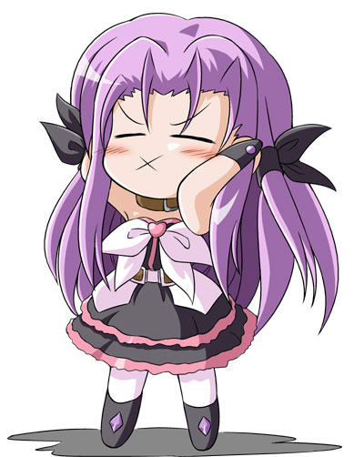 d.a, asclepius (nanoha), lutecia, lutecia alpine, lyrical nanoha, mahou shoujo lyrical nanoha, mahou shoujo lyrical nanoha strikers, kerchief, 00s, 1girl, black dress, chibi, closed eyes, dress, female focus, full body, layered dress, long hair, pantyhose, purple hair, simple background, solo, standing, very long hair, white background, white pantyhose, x mouth