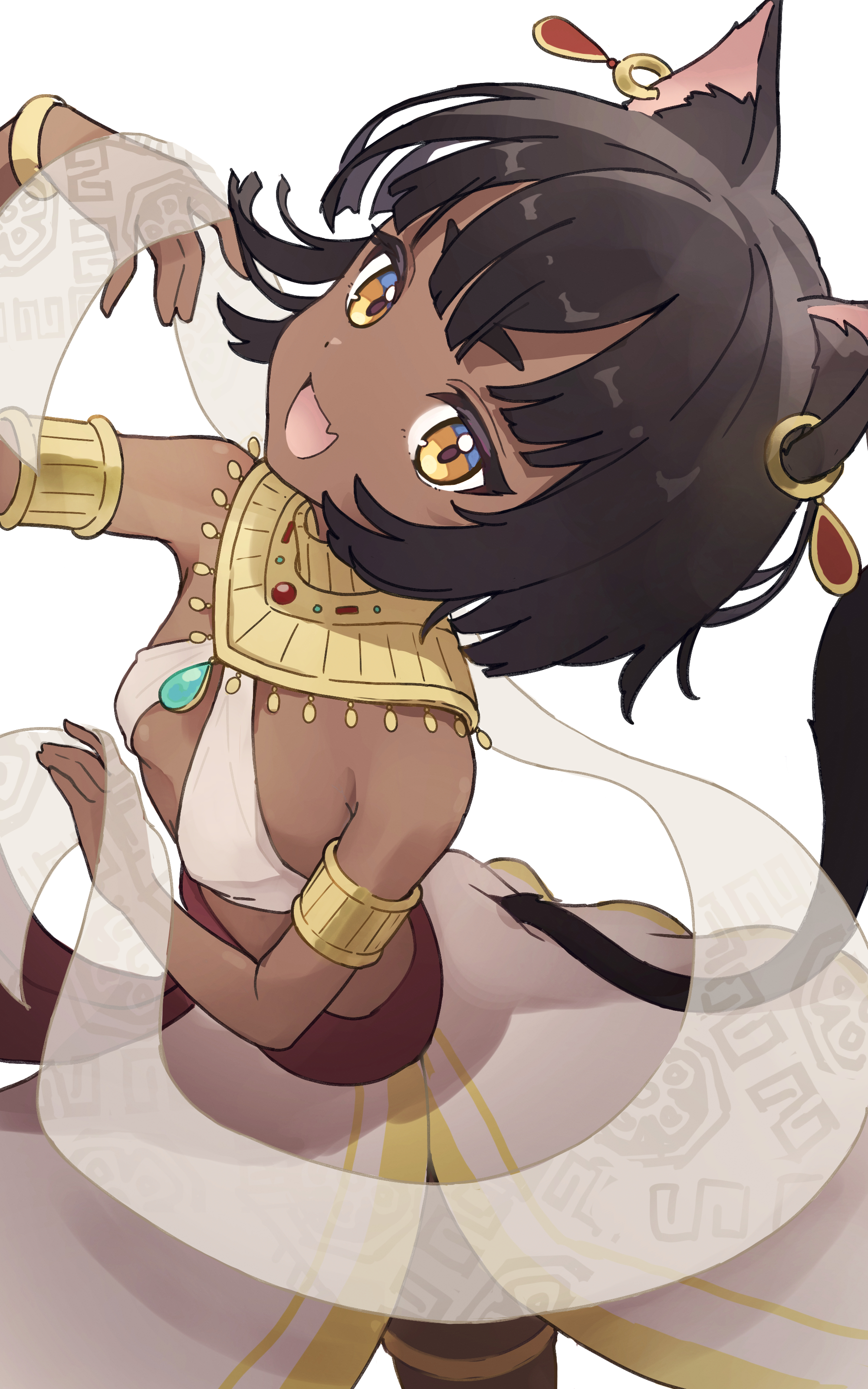 mochigome 19, absurdres, highres, 1girl, ancient egyptian, animal ears, black hair, breasts, brown eyes, cat ears, cat girl, cat tail, cowboy shot, dark-skinned female, dark skin, earrings, jewelry, nontraditional wedding dress, open mouth, short hair, simple background, small breasts, solo, tail, white background