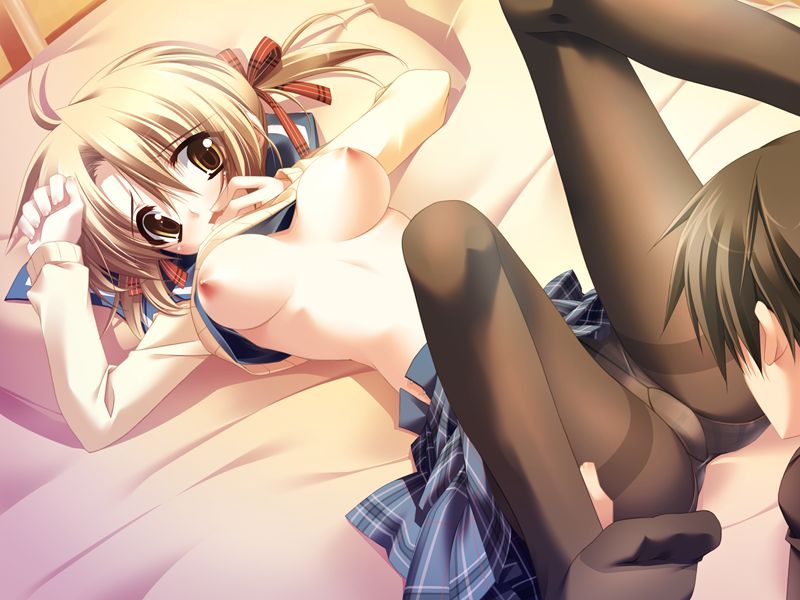 minazuki haruka, shiraishi yukana, mashiro botan, mashirobotan shokai han, game cg, 1girl, blonde hair, blush, breasts, clothes lift, feet, female focus, gusset, large breasts, nipples, no shoes, panties, panties under pantyhose, pantyhose, pantyshot, school uniform, serafuku, shirt lift, solo, solo focus, thighband pantyhose, twintails, underwear, upskirt, yellow eyes