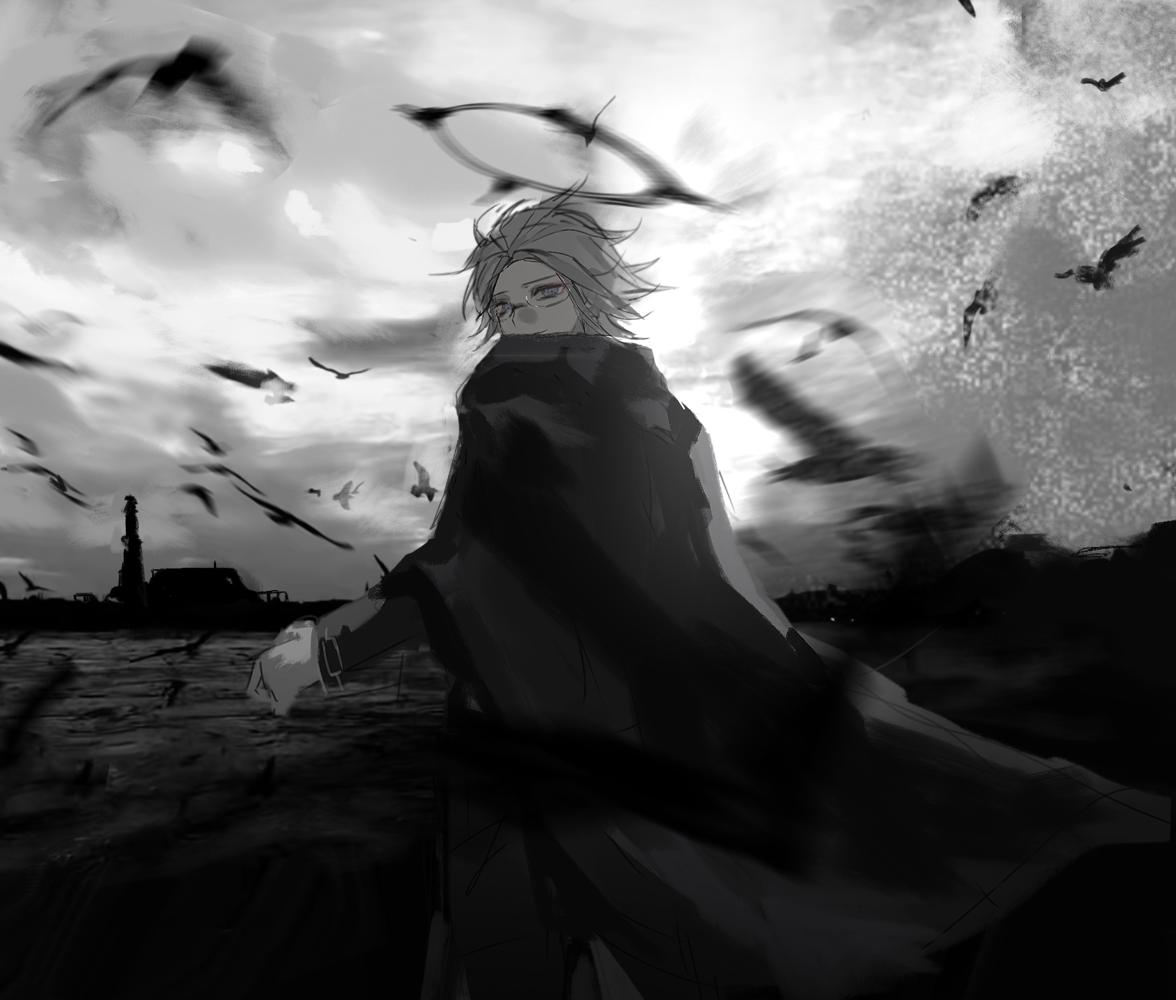aotsuki eito, the hundred line -last defense academy-, chinese commentary, commentary, highres, 1boy, bird, black halo, blurry, blurry foreground, cape, eyeliner, from behind, glasses, gloves, greyscale, halo, looking at viewer, makeup, male focus, monochrome, official alternate hairstyle, outdoors, purple eyes, red eyeliner, short hair, solo, spot color, xueyu80269