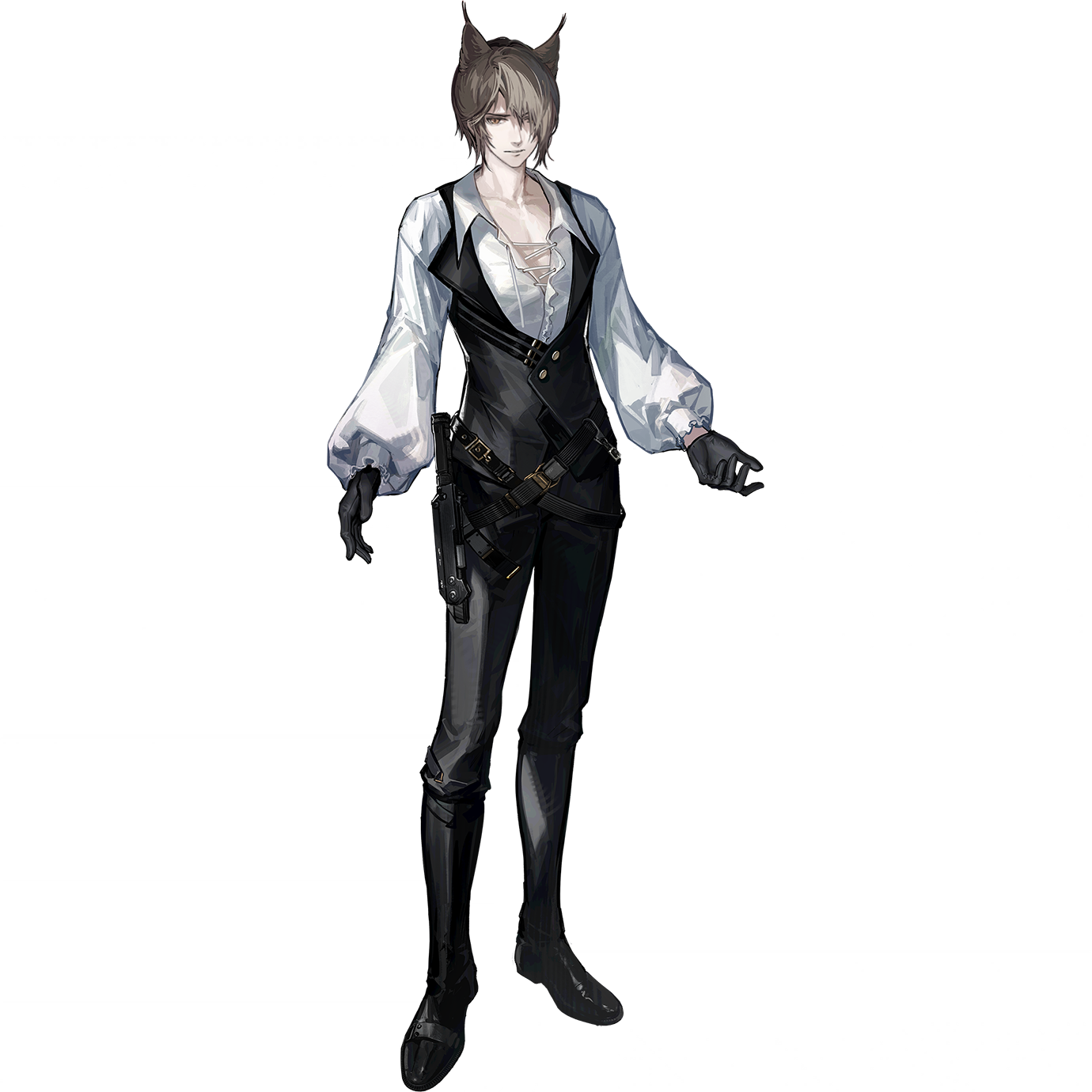 skade, phantom (arknights), phantom (focus) (arknights), arknights, highres, official art, third-party source, 1boy, animal ears, black pants, brown hair, cat boy, cat ears, cat tail, full body, hair over one eye, looking at viewer, male focus, no cape, pants, partially open shirt, short hair, simple background, solo, standing, tachi-e, tail, transparent background, yellow eyes