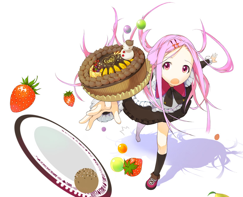 tsujisaki, bad id, bad pixiv id, 1girl, accident, cake, falling, female focus, food, fruit, hair ornament, hairclip, long hair, pastry, pink eyes, pink hair, plate, solo, strawberry, tripping
