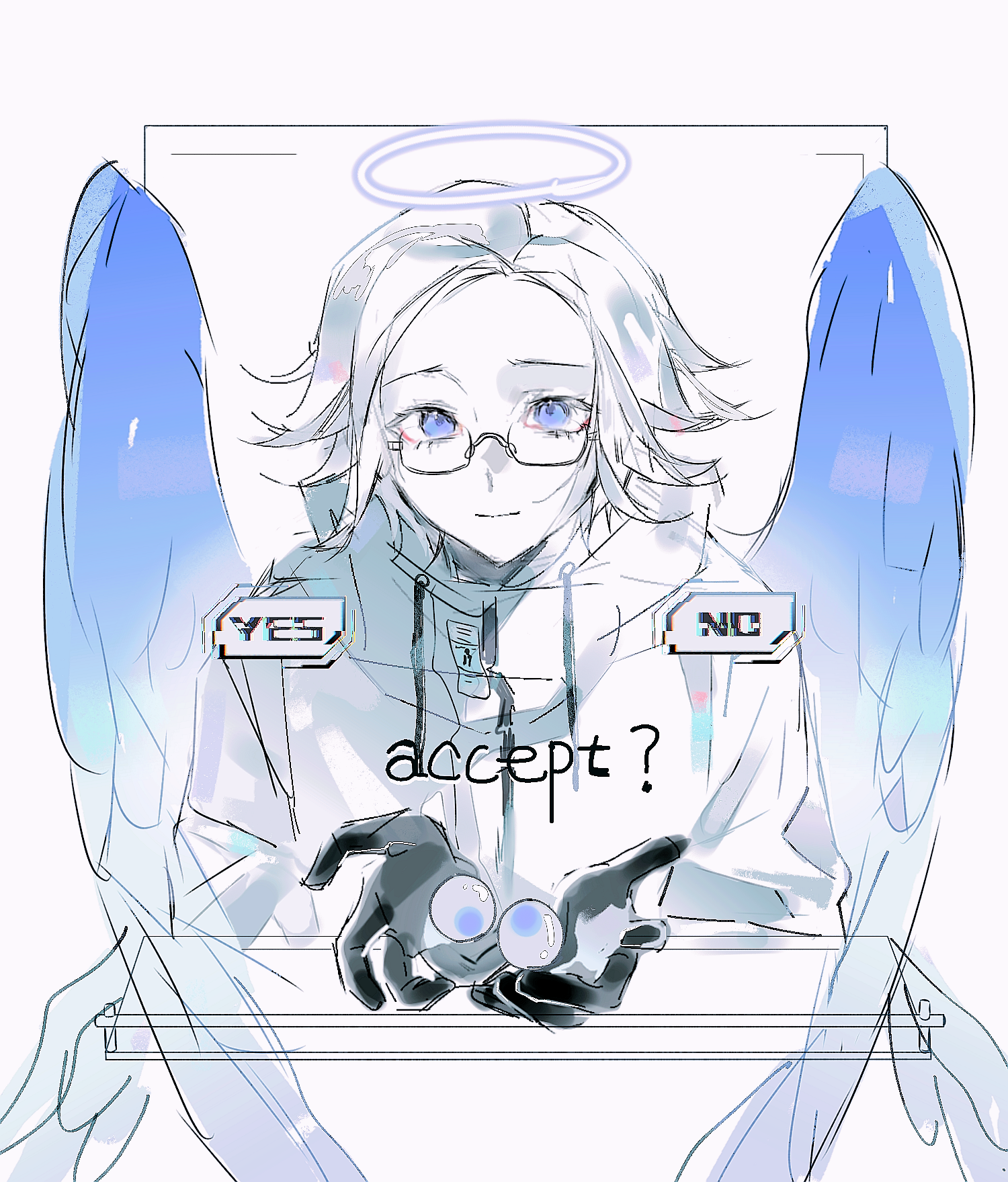 yaozhuanadv, aotsuki eito, the hundred line -last defense academy-, chinese commentary, highres, variant set, 1boy, angel, angel wings, black gloves, blue eyes, choice, colored skin, english text, glasses, gloves, halo, holding eyeball, jacket, looking at viewer, male focus, short hair, solo, white background, white jacket, white skin, wings