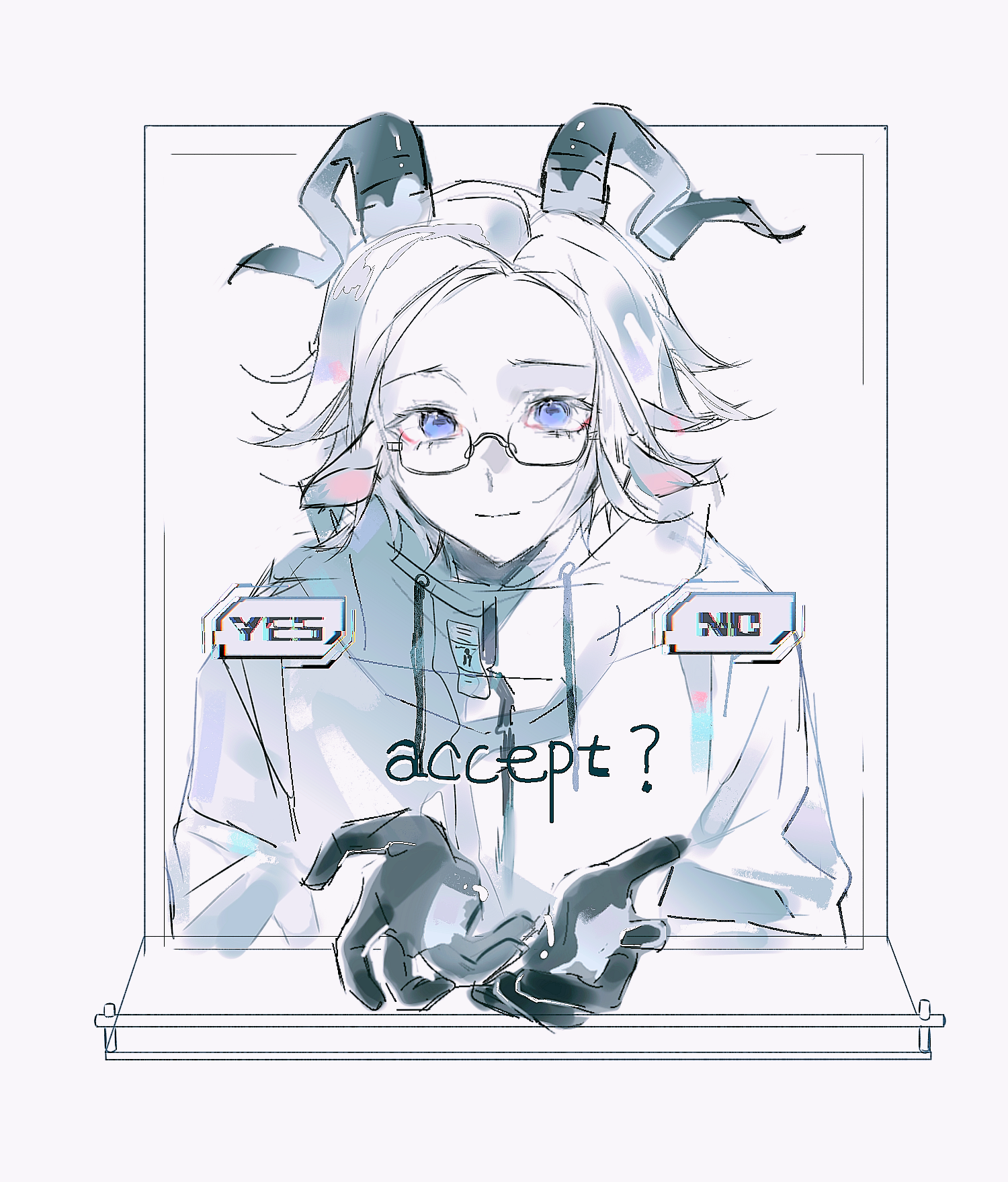 yaozhuanadv, aotsuki eito, the hundred line -last defense academy-, chinese commentary, highres, variant set, 1boy, animal ears, black gloves, blue eyes, choice, colored skin, english text, glasses, gloves, goat boy, goat ears, goat horns, horns, jacket, kemonomimi mode, looking at viewer, male focus, short hair, solo, white background, white jacket, white skin