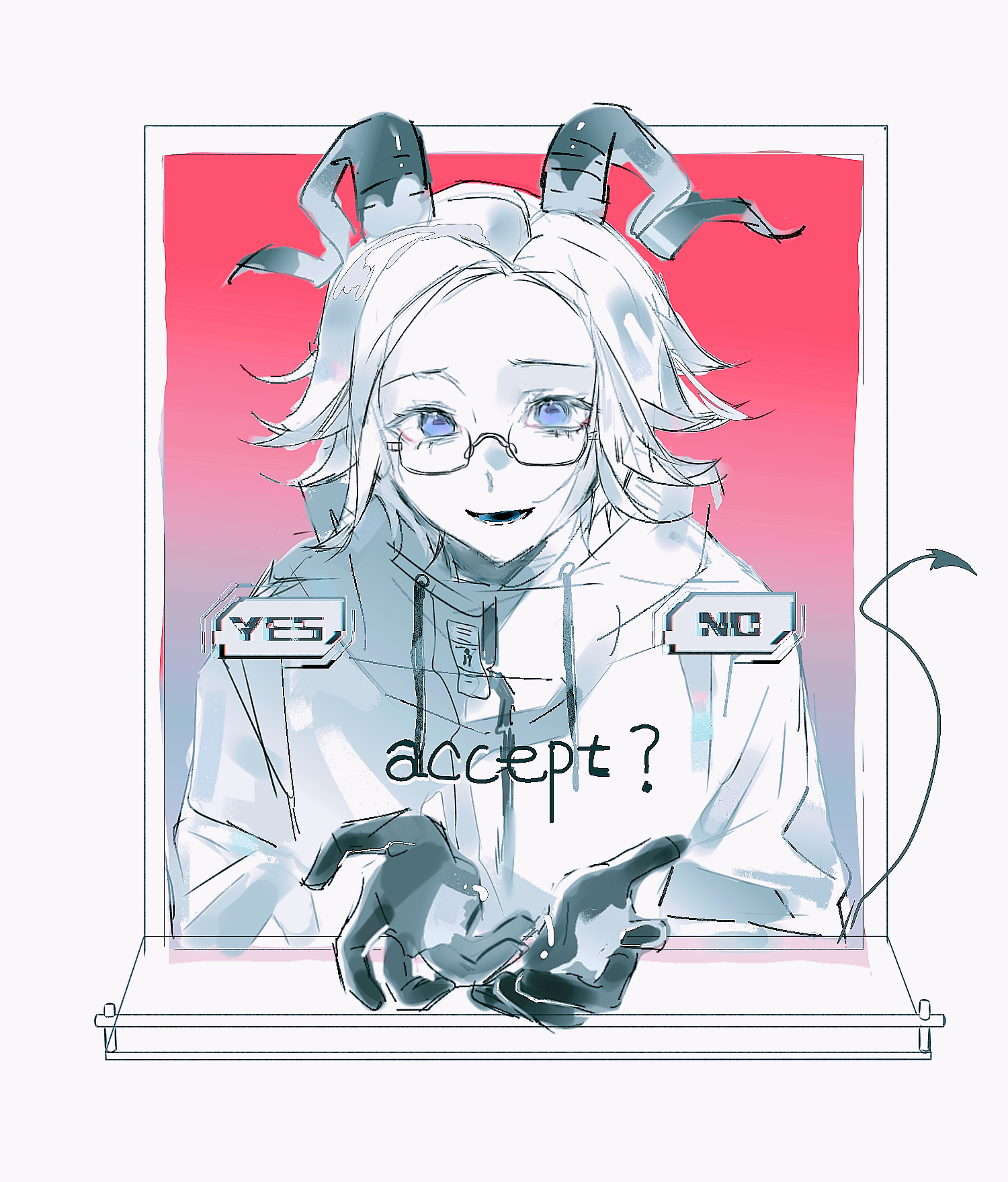 yaozhuanadv, aotsuki eito, the hundred line -last defense academy-, chinese commentary, highres, variant set, 1boy, black gloves, blue eyes, choice, colored skin, demon, demon tail, english text, glasses, gloves, goat horns, horns, jacket, looking at viewer, male focus, short hair, solo, tail, white background, white jacket, white skin