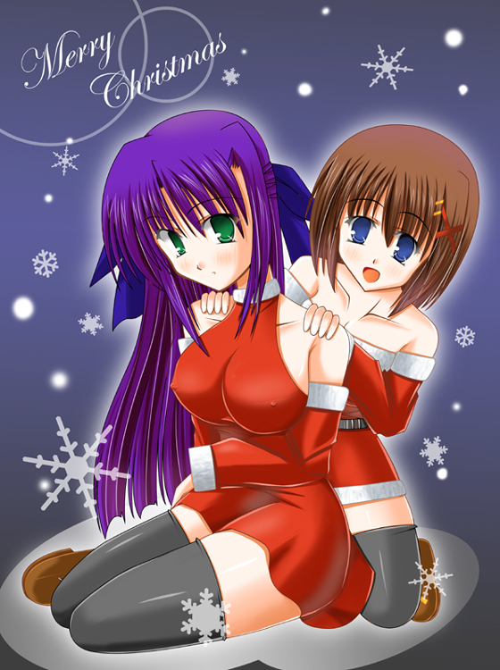 tukuyo kiriyuki, ginga nakajima, yagami hayate, lyrical nanoha, mahou shoujo lyrical nanoha, mahou shoujo lyrical nanoha strikers, 00s, bare shoulders, blue eyes, blush, breasts, brown hair, christmas, green eyes, hair ribbon, large breasts, long hair, purple hair, ribbon, santa costume, short hair, skirt, thighhighs, zettai ryouiki